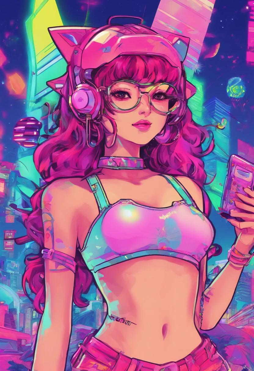 Manhwa Style,robot hawaiian party cute girls and robots ,Trendy clothing,wears dark glasses,plays the guitar,Madness,Fluttering musical symbols,ball room,lamplight,Spotlights,8K,super-fine,full bodyesbian,best qualtiy,独奏
