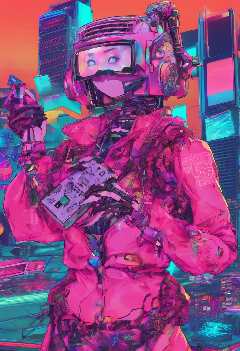 Manhwa Style,robot hawaiian party cute girls and robots ,Trendy clothing,wears dark glasses,plays the guitar,Madness,Fluttering musical symbols,ball room,lamplight,Spotlights,8K,super-fine,full bodyesbian,best qualtiy,独奏