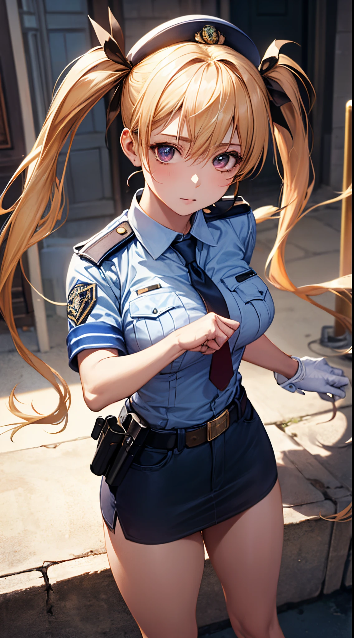 (((perfect anatomy, super detailed skin))), 1 girl, japanese, police girl, shiny skin, large breasts:0.5, looking away, looking up, watching the view, 
beautiful hair, beautiful face, beautiful detailed eyes, (long hair:1.5, twintails:1.7), blond hair, bangs, hair between eye, red eyes, 
beautiful clavicle, beautiful body, beautiful chest, beautiful thighs, beautiful legs, babyface, mole under eye, 
((policewoman uniform, light blue short sleeved shirt, navy necktie, high waisted miniskirt), belt, white gloves, police hat, handcuffs), seductive thighs, 
(((aiming at viewer, holding pistol, handgun))), , 
(beautiful scenery), wasteland, burning city, 
8k, top-quality, masterpiece​:1.2, extremely detailed), (realistic, photorealistic:1.2), beautiful illustration, cinematic lighting,