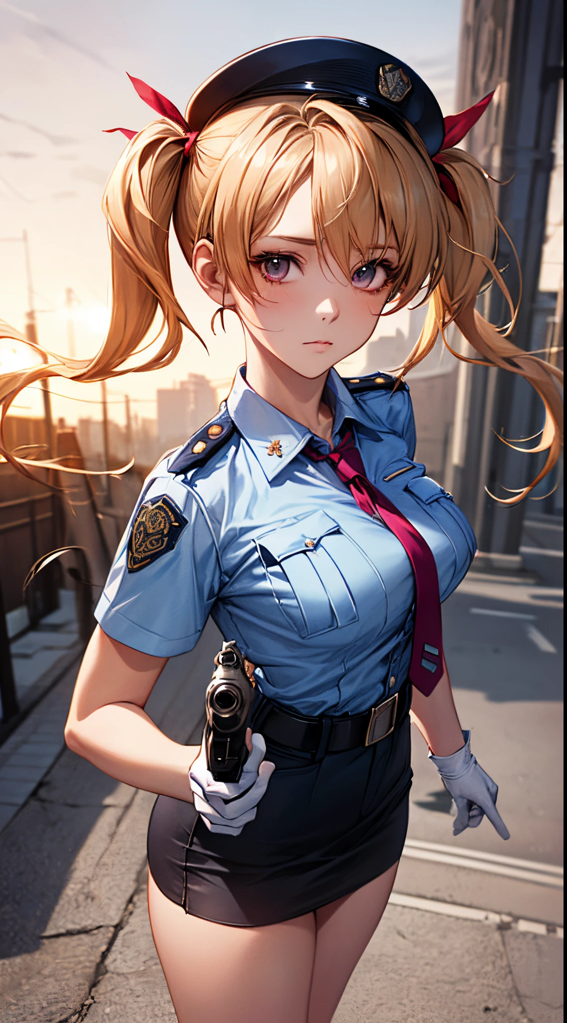 (((perfect anatomy, super detailed skin))), 1 girl, japanese, police girl, shiny skin, large breasts:0.5, looking away, looking up, watching the view, 
beautiful hair, beautiful face, beautiful detailed eyes, (long hair:1.5, twintails:1.7), blond hair, bangs, hair between eye, red eyes, 
beautiful clavicle, beautiful body, beautiful chest, beautiful thighs, beautiful legs, babyface, mole under eye, 
((policewoman uniform, light blue short sleeved shirt, navy necktie, high waisted miniskirt), belt, white gloves, police hat, handcuffs), seductive thighs, 
(((aiming at viewer, holding pistol, handgun))), , 
(beautiful scenery), wasteland, burning city, 
8k, top-quality, masterpiece​:1.2, extremely detailed), (realistic, photorealistic:1.2), beautiful illustration, cinematic lighting,