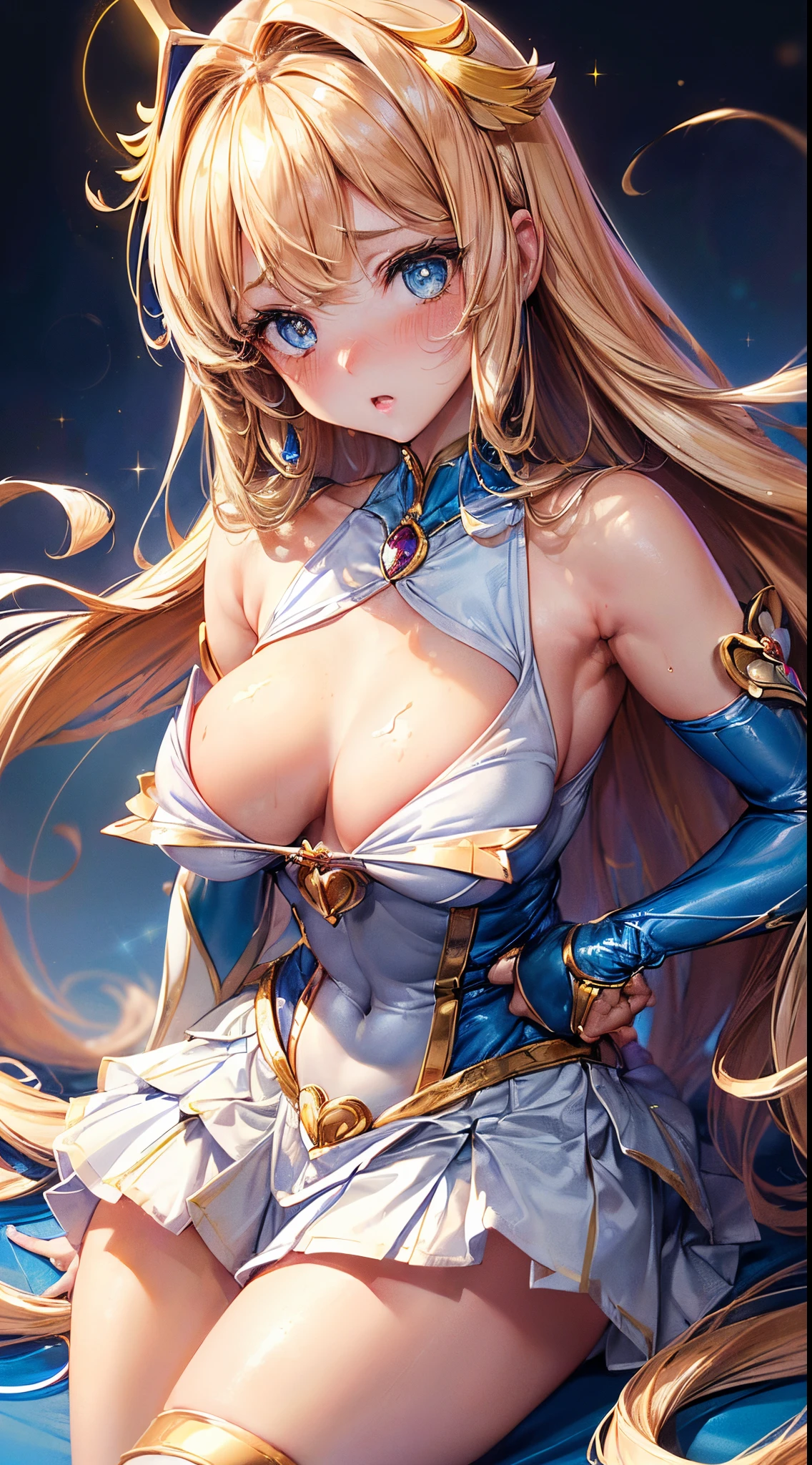 1womanl,Golden head hair,ar old Impatient expression)),Beautiful breasts,(((Sexy magical girl white and blue bodysuit and miniskirt)))(())(((Blushing cheeks、Surprised look)),((())),((( portlate))),Blue eyes,(((Bangs are aligned)))()Street,Crowds(magical girl hair ornament)