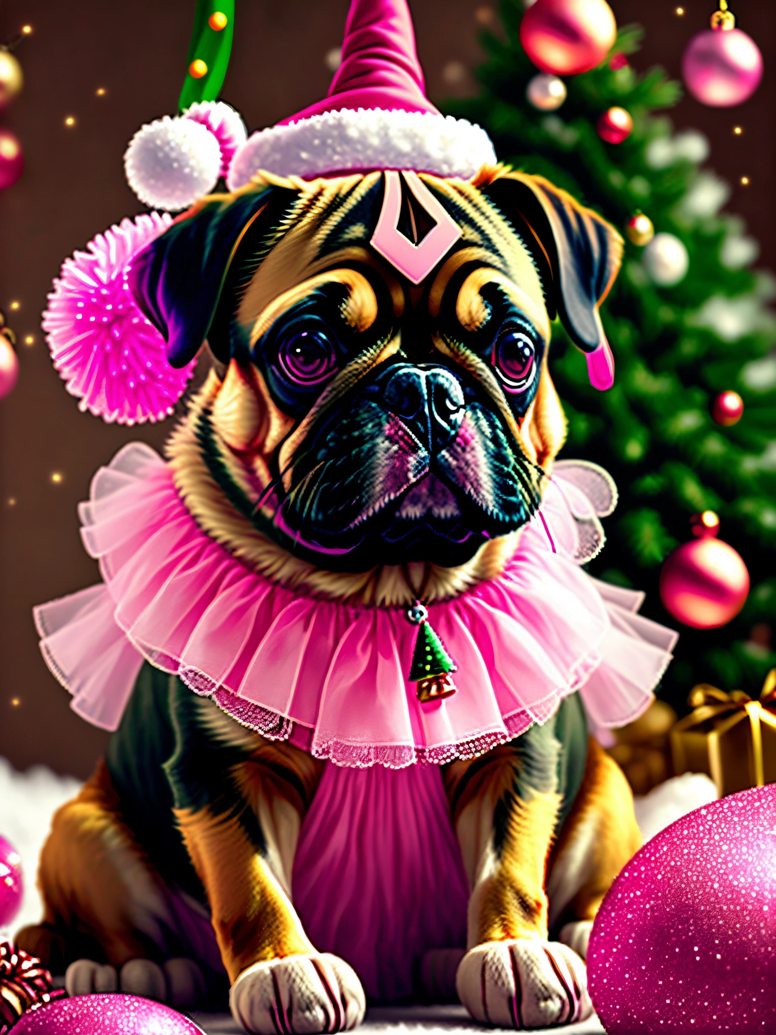 Christmas pug dog with a pink tutu and also with a pink necklace and a pink Christmas tree with its necklace that says girl