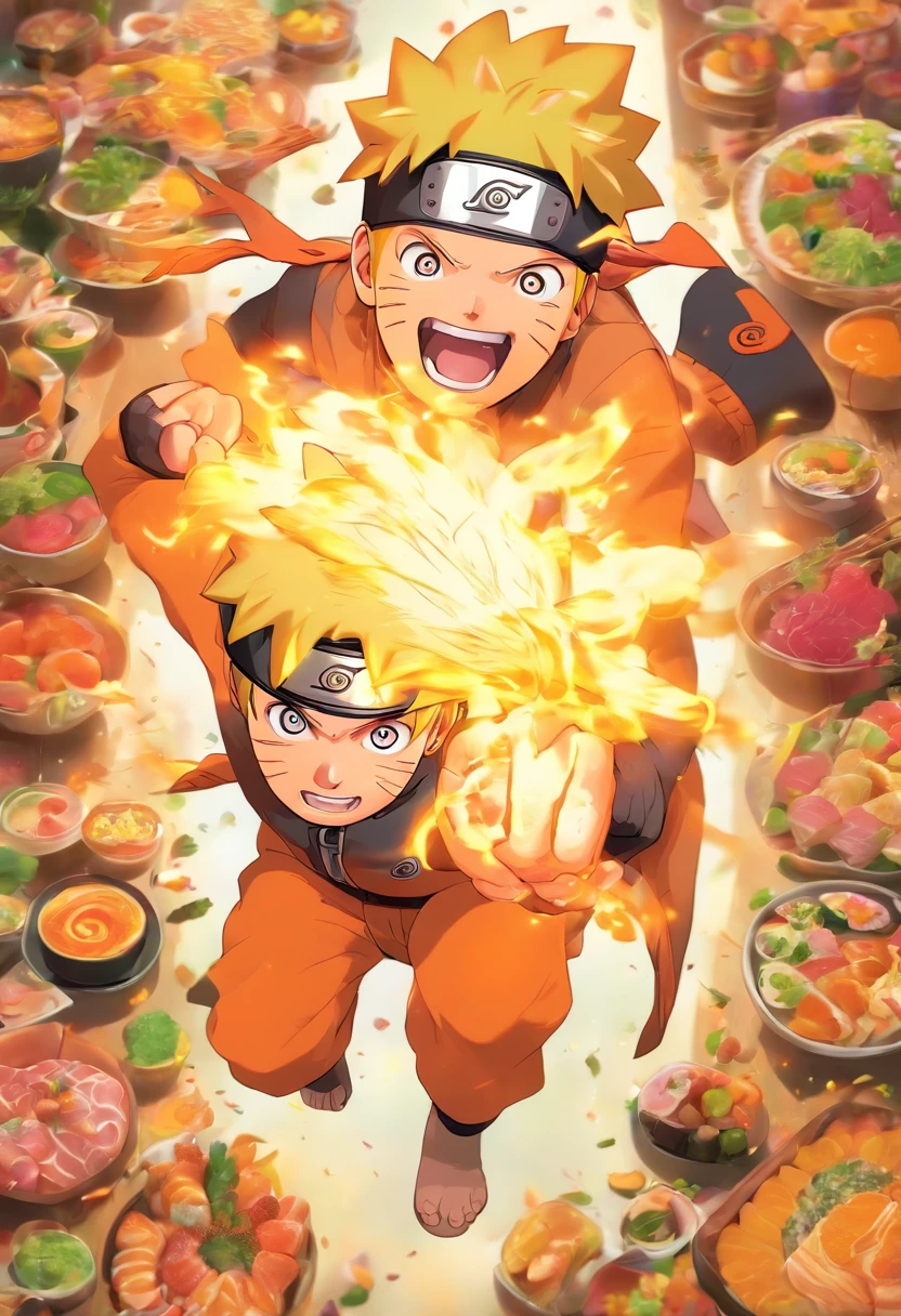 "Generates an image of Naruto Uzumaki from the anime series NARUTO, Participate cheerfully in the colorful and delicious mukbang banquet, Number of delicious dishes of different cuisines々Surrounded by."、smorgasbord