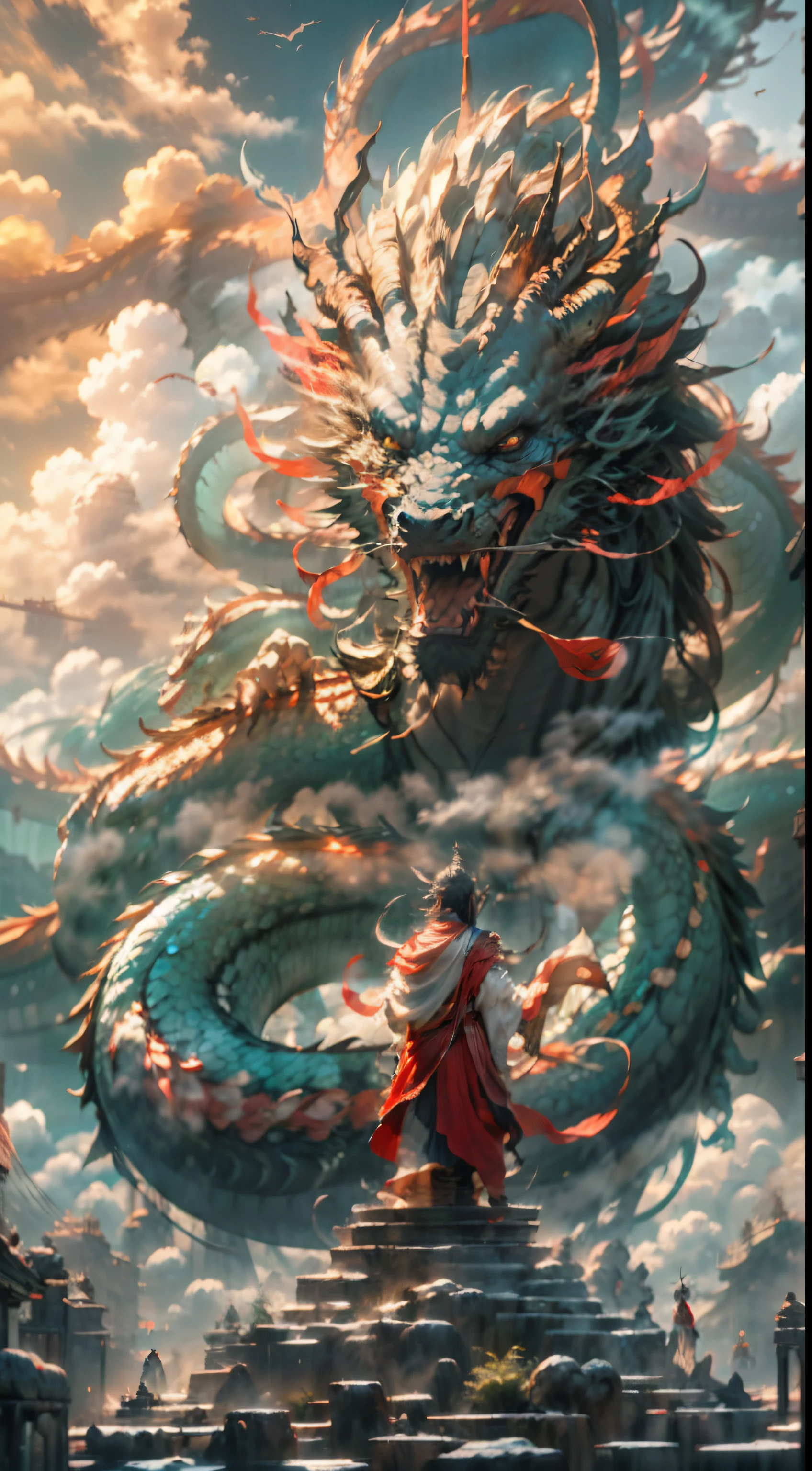 Buddha and dragon are fighting(fo:1.3),a cassock,dharma,Like the palm of the Buddha,The Chinese White Divine Dragon soared into the air,(Buddha manipulates dragons:1.3),(Buddha turned his back to the camera:1.3),Sky clouds surround the surroundings,Light magic,Fantastic background,Meaning background,Ridiculous background,There are artistic overlays,multicolored hair, surrealism, Cinematic lighting, Ray tracing, god light, speed-line, angle of view, hyper HD, Masterpiece, Best quality, Super detail, A high resolution, High quality,(Far view:1.3)