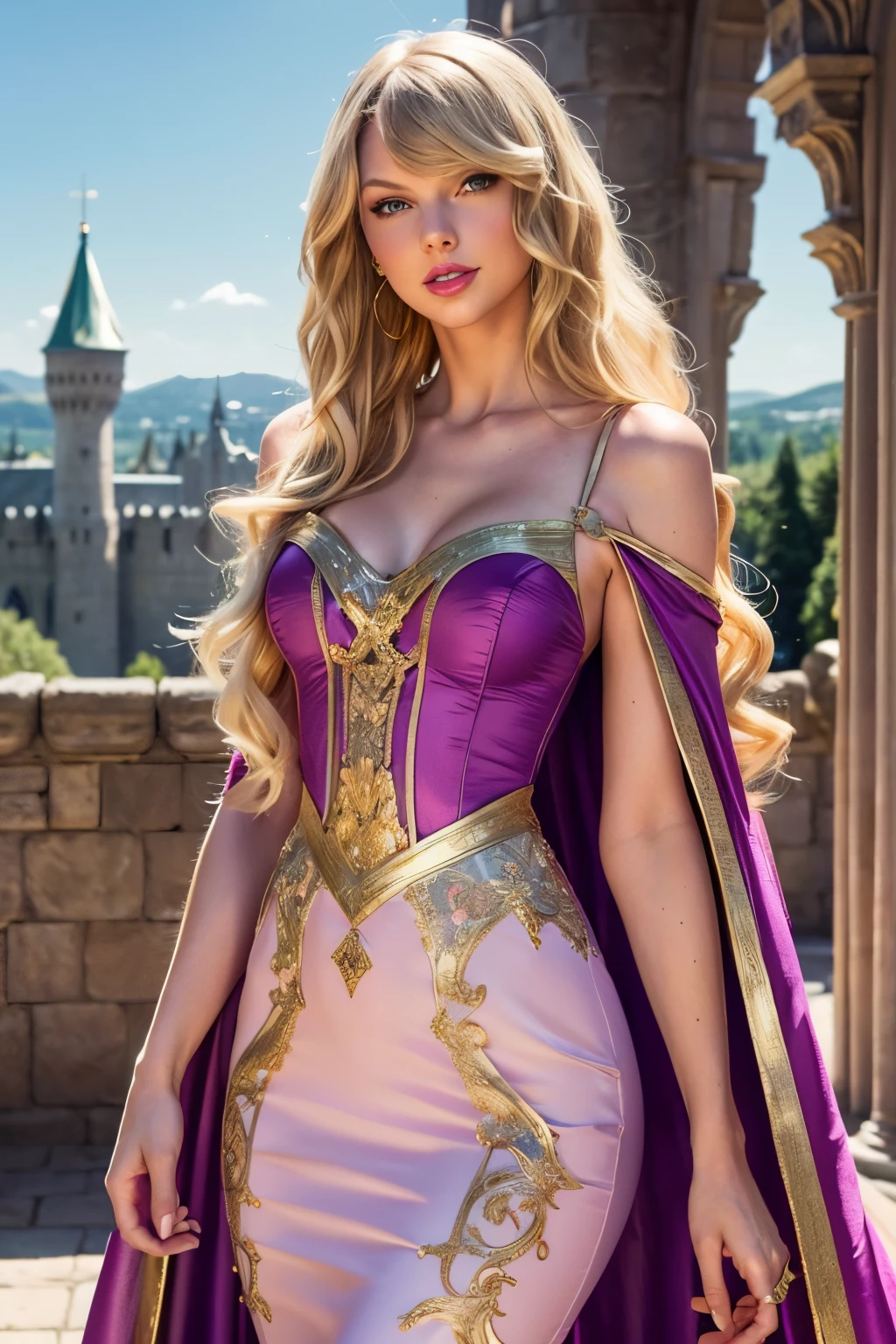 Taylor Swift, dressed as rapunzel, pink maxi dress, gold details, purple cape, detailed outfit, detailed long curly hair, blonde hair, blue eyes, red lips, detailed fantasy dress outfit, exterior castle scene, castle motif, gorgeous, hourglass figure, sexy outfit, see-through dress, beautiful dress, smirk, beautiful setting, soft lighting,