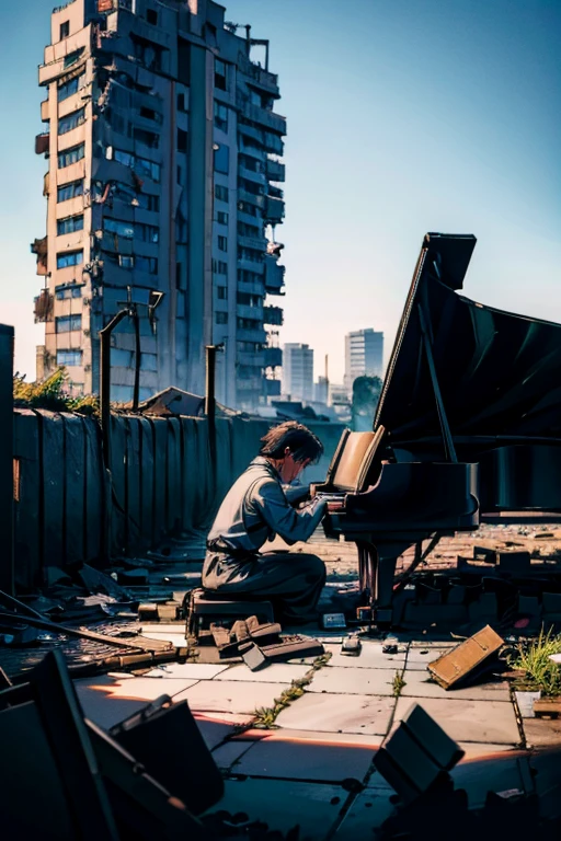 (Piano Player), on his knees crying with a destroyed hospital in the background, minimalistic ultra detailed high resolution no defects, with a Palestinian flag in the background sky, no defects, no facial features, typography