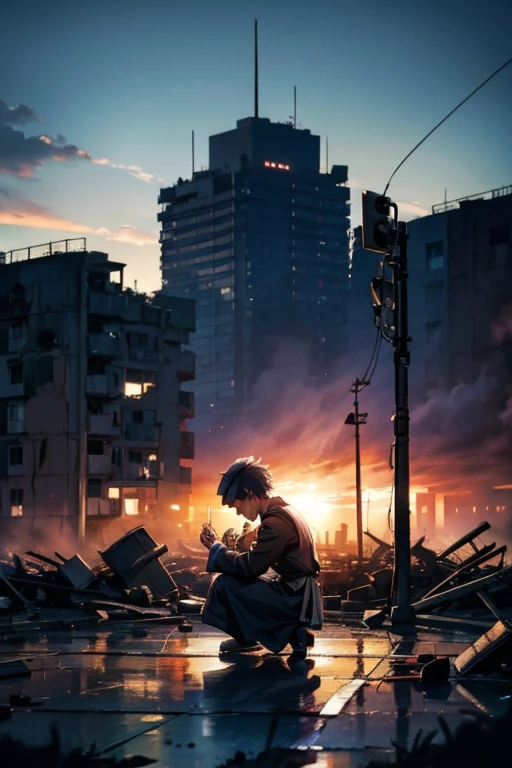 (Piano Player), on his knees crying with a destroyed hospital in the background, minimalistic ultra detailed high resolution no defects, with a Palestinian flag in the background sky, no defects, no facial features, typography