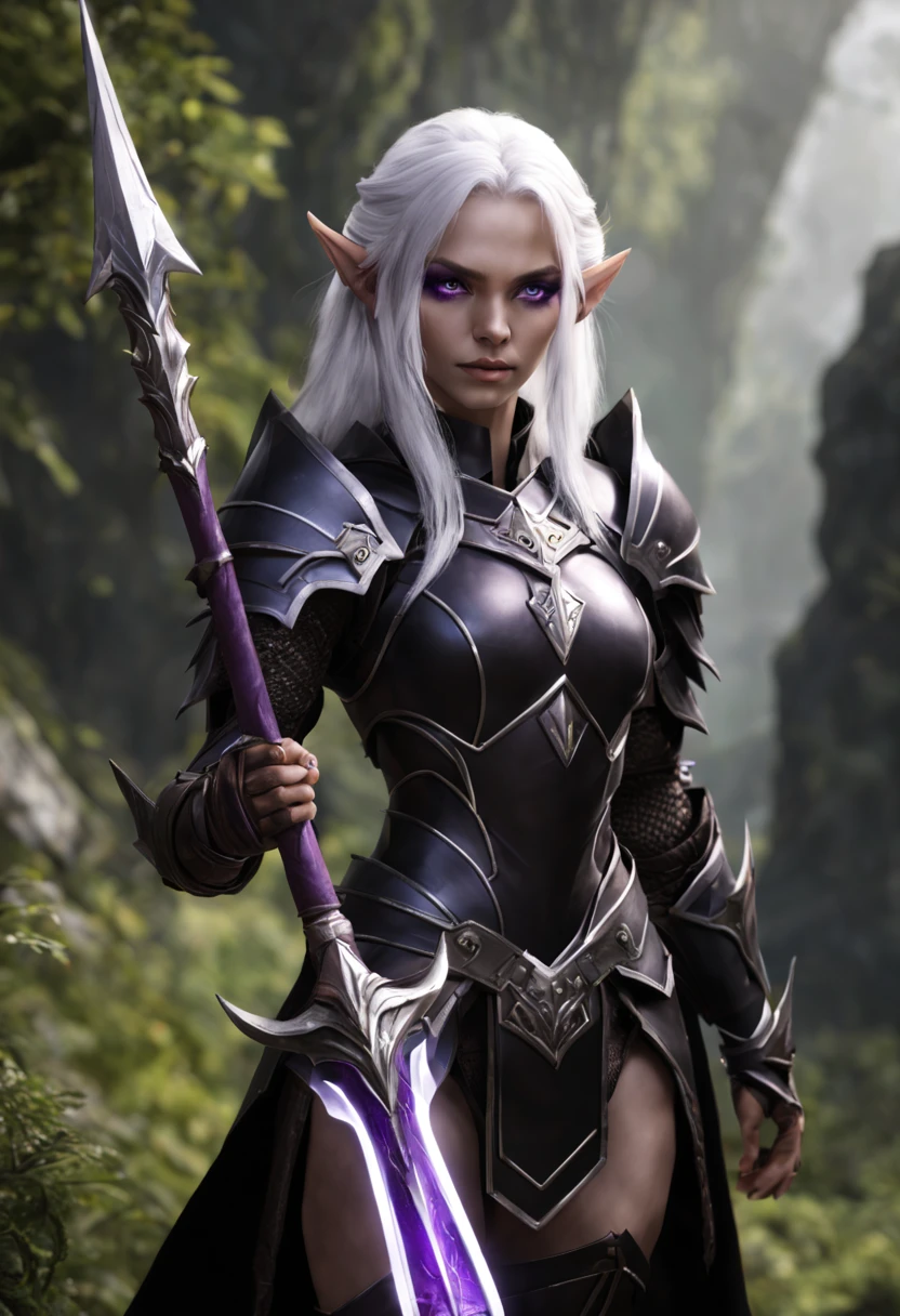An Elf female with white hair, purple eyes, wearing black full armor, full body pose, holding a spear in both hands