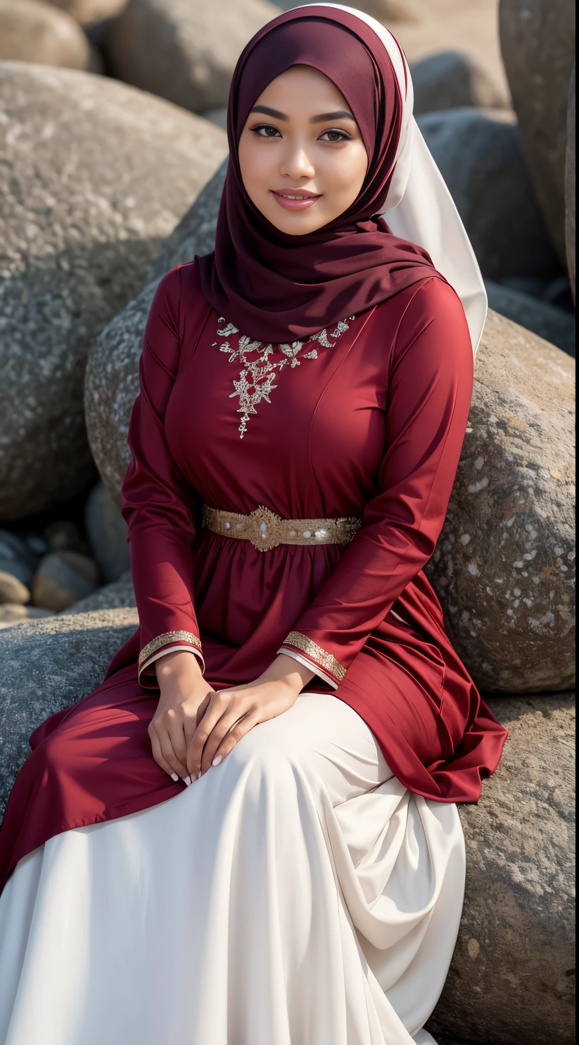 RAW, Best quality, high resolution, masterpiece: 1.3), beautiful Malay woman in hijab (iu:0.8),1 Malay woman wearing a plain hijab. 30 years. sweet smile. beautiful face.big breast, woman sitting on a rock on the beach, maroon and white, beautiful design, wearing beautiful clothes, beautiful clothes, very beautiful style, white and red dresses, beautiful masterpiece, beautiful dress, wearing an elegant dress, very beautiful masterpiece, fine details. red, dressed beautiful gown, beautiful detailed dress, maroon accents, full covered dress, very beautiful and elegant
