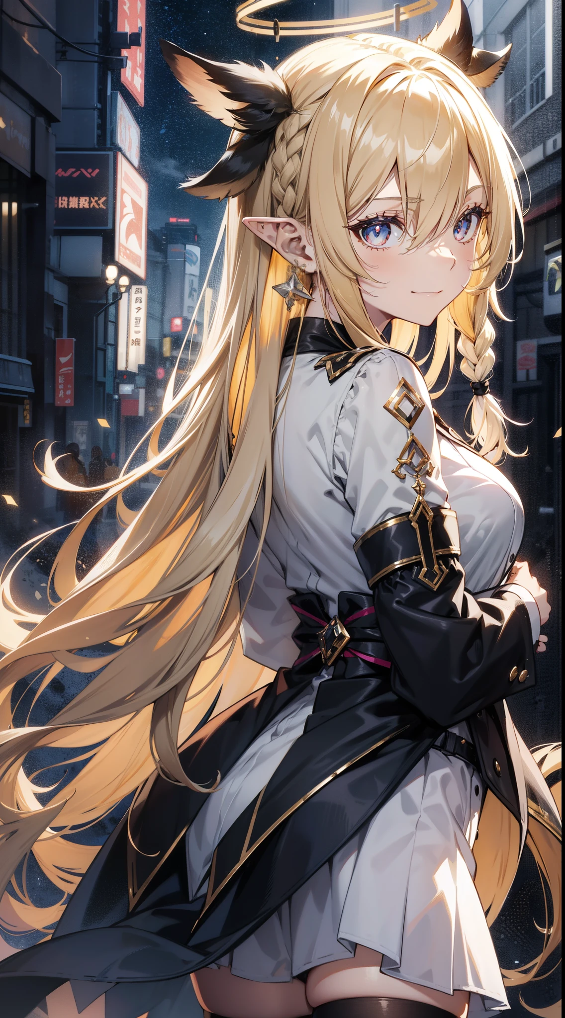 brunette color hair, Black stockings, White dress, black long dress, Striped hair, Blonde hair, Colored inner hair, Low double braids, hair covering one eye, tri tails, The halo, mouth veil, hair beads, Mad eyes, raised eyebrow, half closed eye, diamond-shaped pupils, Multicolored eyes, yellow-eyed, pointy ears, scowling, fingersmile, smiling wryly, ultra-realistic realism, Japanese cartoon, lightand shade contrast, god light, from the above, from back, cow boy shot, 8K, super detailing, 1080p, 16k, A high resolution, Best quality at best, high detal