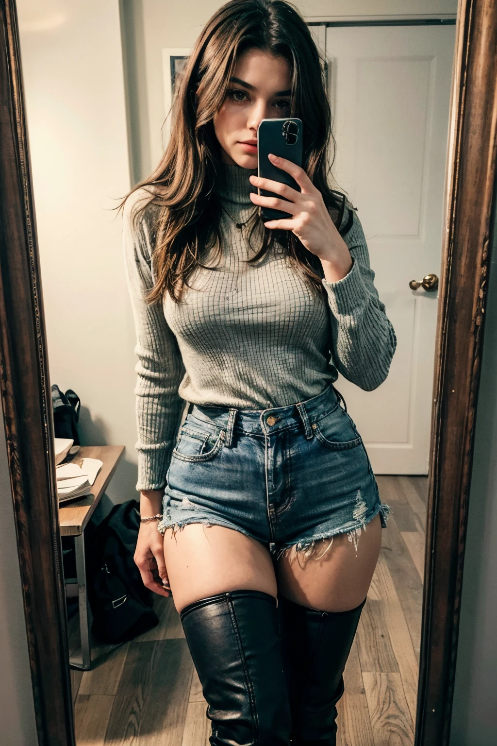solo woman, raw photo in a sequence, selfie, she is looking at camera, down view, showing us her new black thigh high boots, she's in (small dressing room), using mirror, her jeans are tucked into her thigh high boots, her collard shirt is loose with a price tag still on it, hanging off sleeve, and we see every detail of her incredible face with highest quality Leica camera capturing her 25 yo face, and yet, behind her is a 1889 video game scroller full of dragons and dungeons