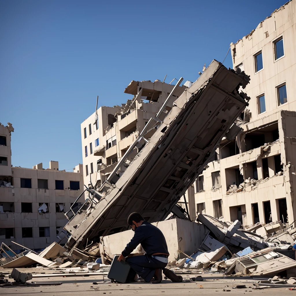 (Piano Player), on his knees crying with a destroyed hospital in the background, minimalistic ultra detailed high resolution no defects, with a Palestinian flag in the background sky, no defects, no facial features, typography