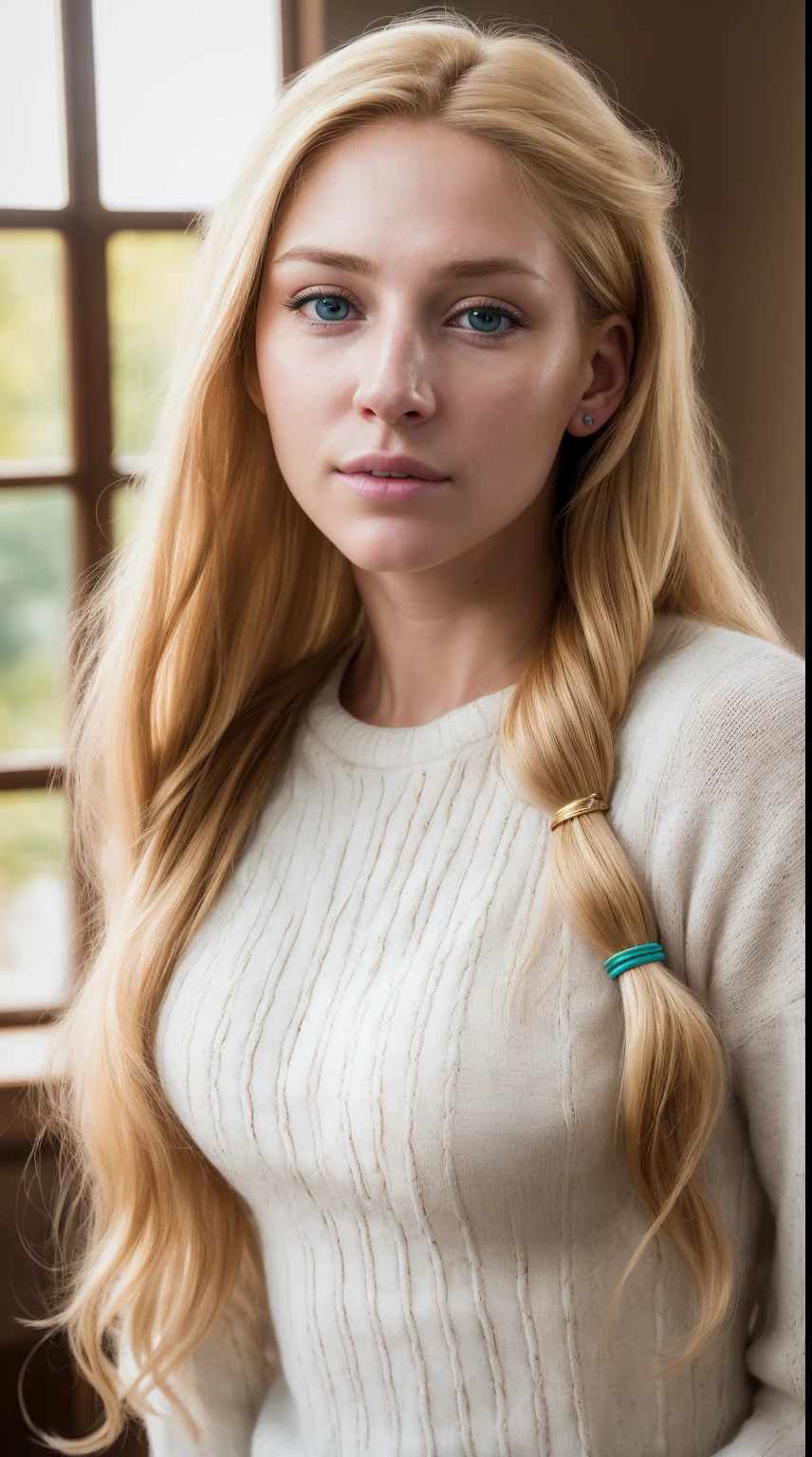 (masterpiece:1.3), (8k, photorealistic, RAW photo, best quality: 1.4), (1girl), beautiful face, (realistic face), (blonde hair, long hair:1.3), beautiful hairstyle, realistic eyes, beautiful detailed eyes, ( golden nose pin), (realistic skin), beautiful fair pink skin, (sweater), attractive, ultra high res, ultra-realistic, highly detailed, golden ratio, (caucasian:1.5),(photo realistic:1.4), (hyper realistic:1.4), (realistic:1.3), (smoother lighting:1.05), (increase cinematic lighting quality:0.9), 32K, 1girl, realistic lighting, backlighting, light on face, ray trace, (brightening light:1.2)