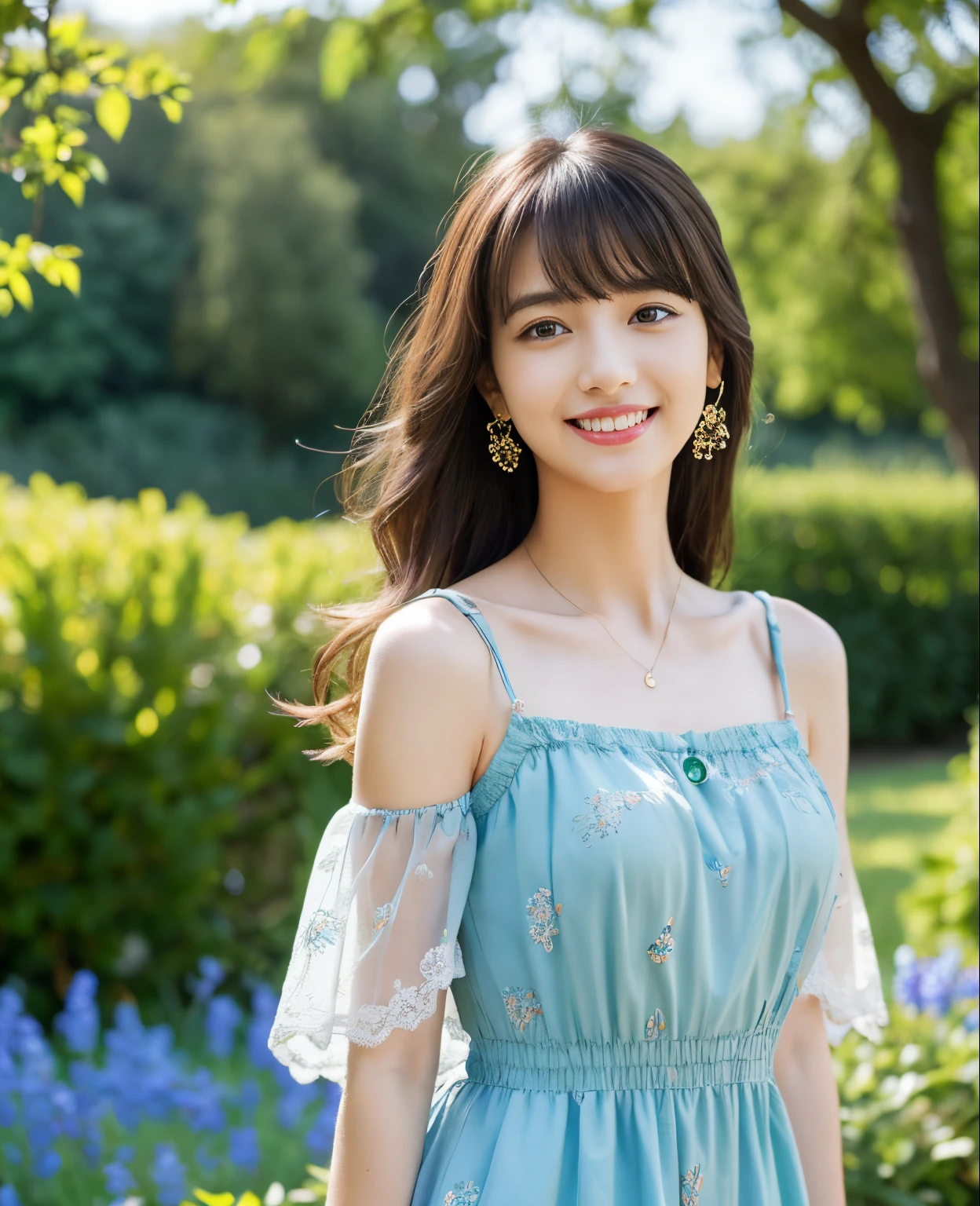 ((Masterpiece)), 8k, highest quality, 1 girl, solo, realistic, garden, photorealistic, super detailed, detailed background, (solo: 1.4), wearing a simple dress, happy expression, Slender body, realistic and detailed half hair, intricate details, masterpiece, top quality, waist shot, ((background of field with blue flowers)), smile, ((looking at camera)), earrings, asymmetrical bangs, natural chest ,