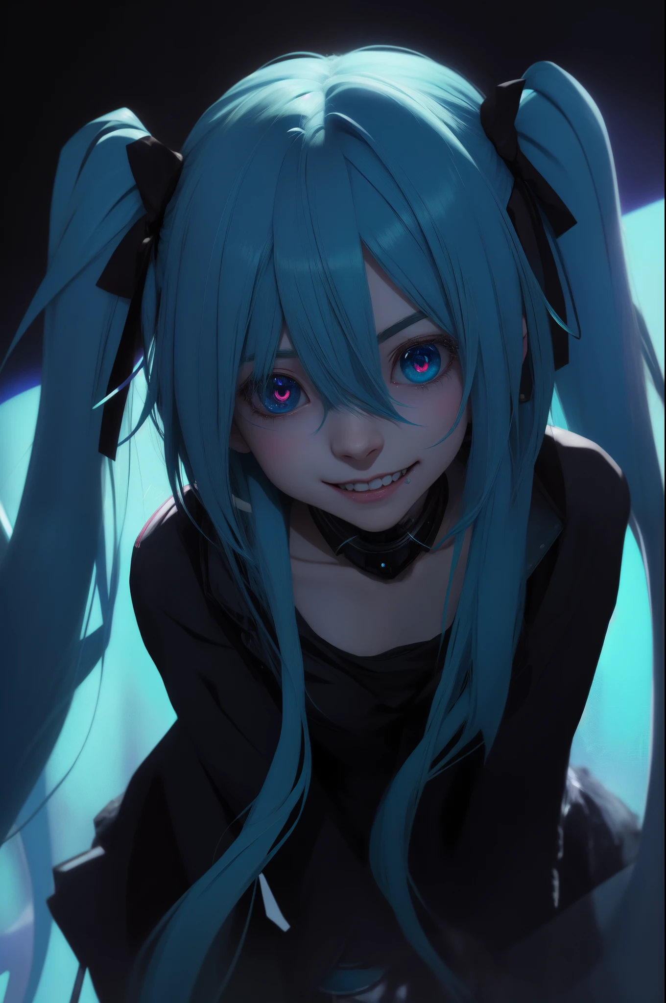 Anime girl with blue hair and blue eyes in a dark room., sonrisa malvada y ojos brillantes, [[[[sonriendo malvado]]]], Retrato de Hatsune Miku, Retrato de Hatsune Miku, Mikudayao, Cara de Hatsune Miku, amigo, sonrisa malvada, Anime Moe Artstyle, Nightcore, Badass Anime 8K, con ojos brillantes