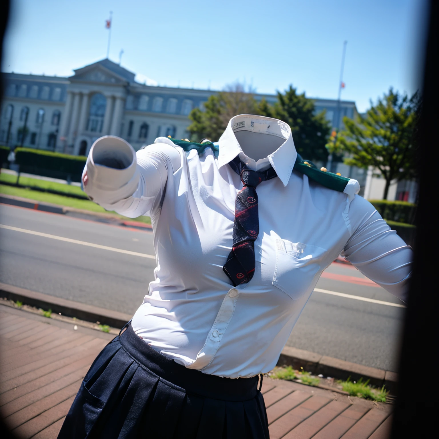 (chubby, fat), school uniform, school tie, (smartphone in chest pocket), (cute pose), (invisible, no humans, headless, faceless:1.5), (cute big breasts), (close-up shot of hip), (16k, RAW photo, best quality, masterpiece:1.3), (realistic, photo-realistic:1.37), photon mapping, radiosity, ((Hasselblad photography)), physically-based rendering