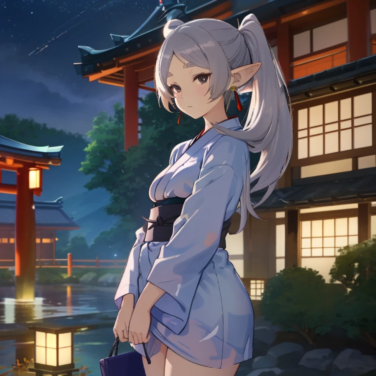 Frieren, twintails, earrings, thighs, yukata, small tits, japanese landscape, nigth, lights