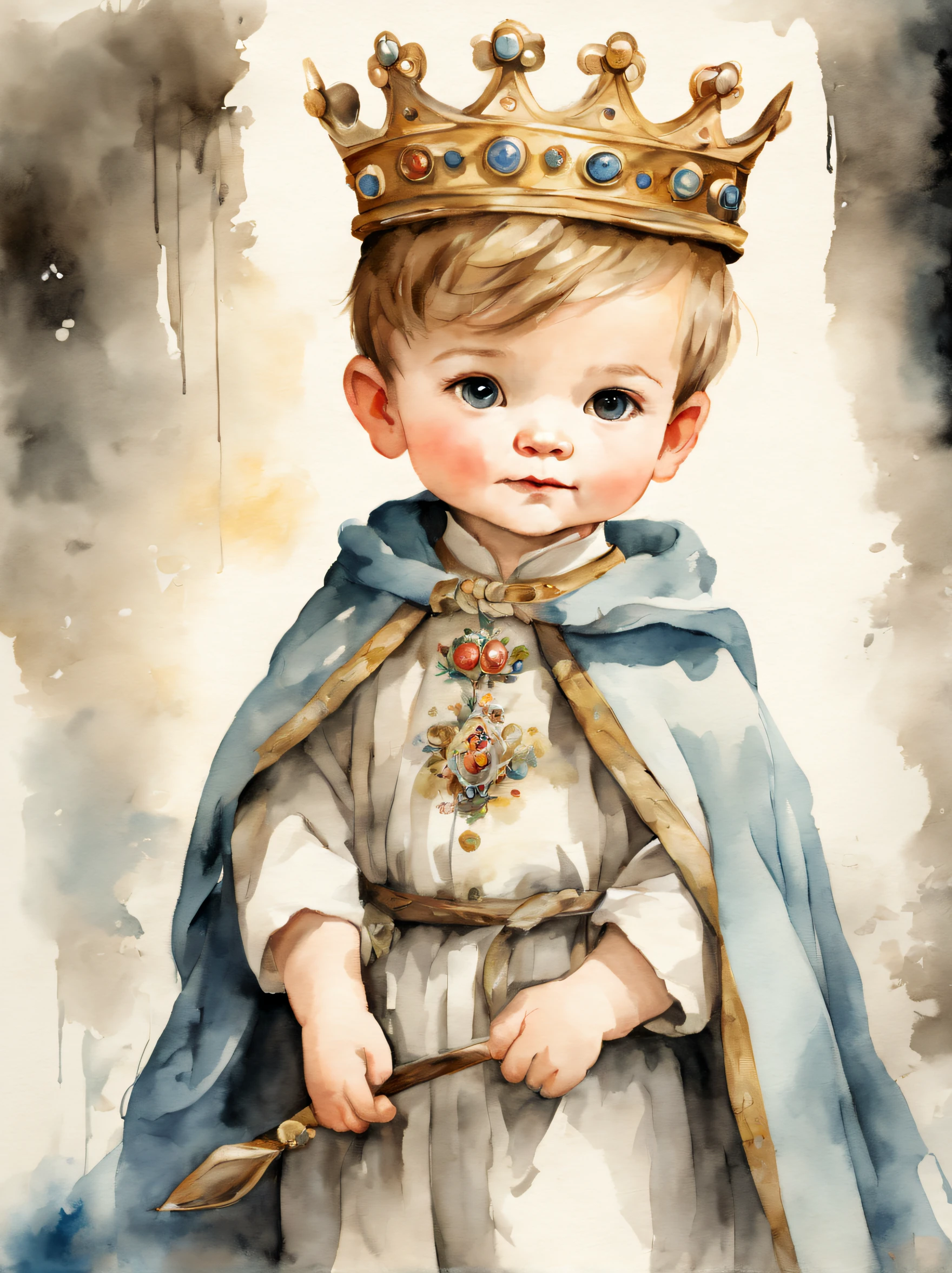 A little boy wearing a crown，Childish face，cute  face,  British style，Exquisite noble robe, Decorative painting：1.6， illustratio,Ink painting and watercolor，ink，water ink，