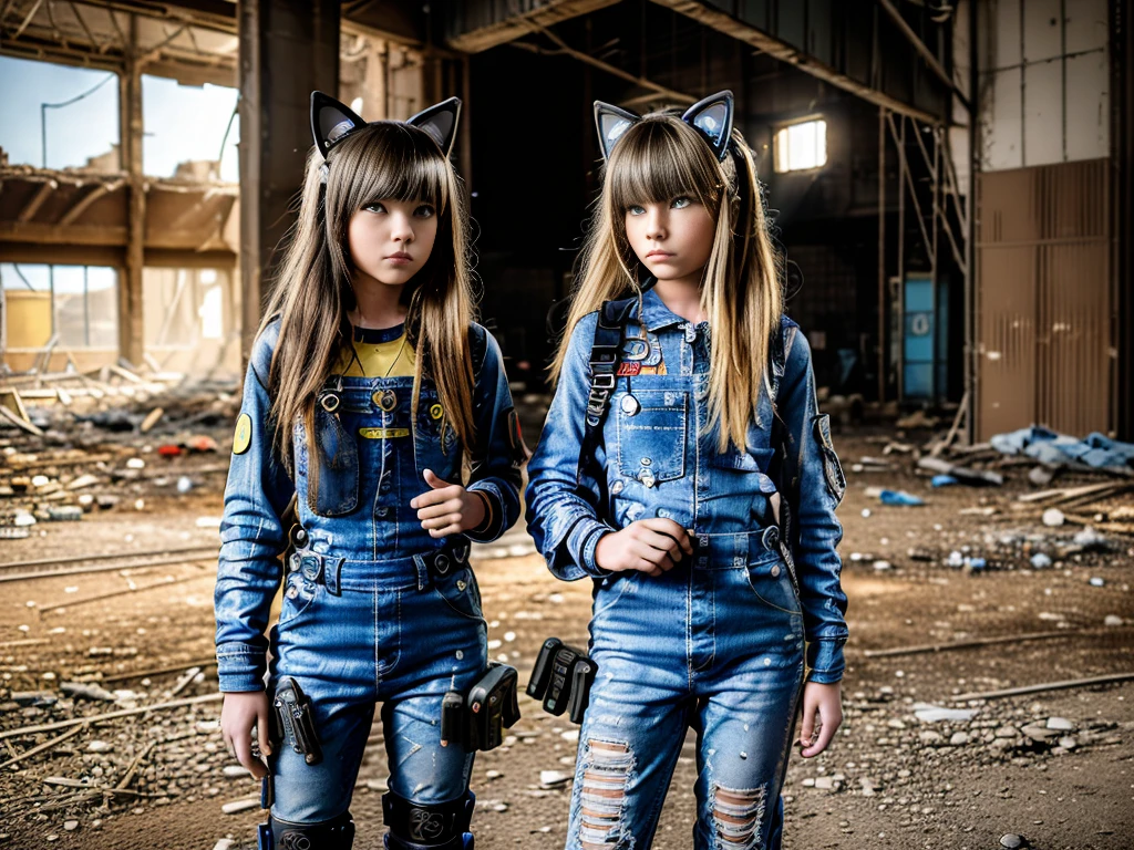 two 13 year old girls, dressed in cyberpunk overalls, one piece suits, light blue and yellow, with patches with radioactive emblems, in a apocalyptic ruin with guns next to them, cyberpunk helmets next to them, wearing Cat ears