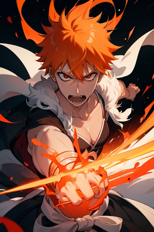 Ichigo Kurosaki, closeup cleavage, orange color hair, luminous red eyes, rage face, shout, blur backgroun, tmasterpiece, 8K, k hd, With his sword