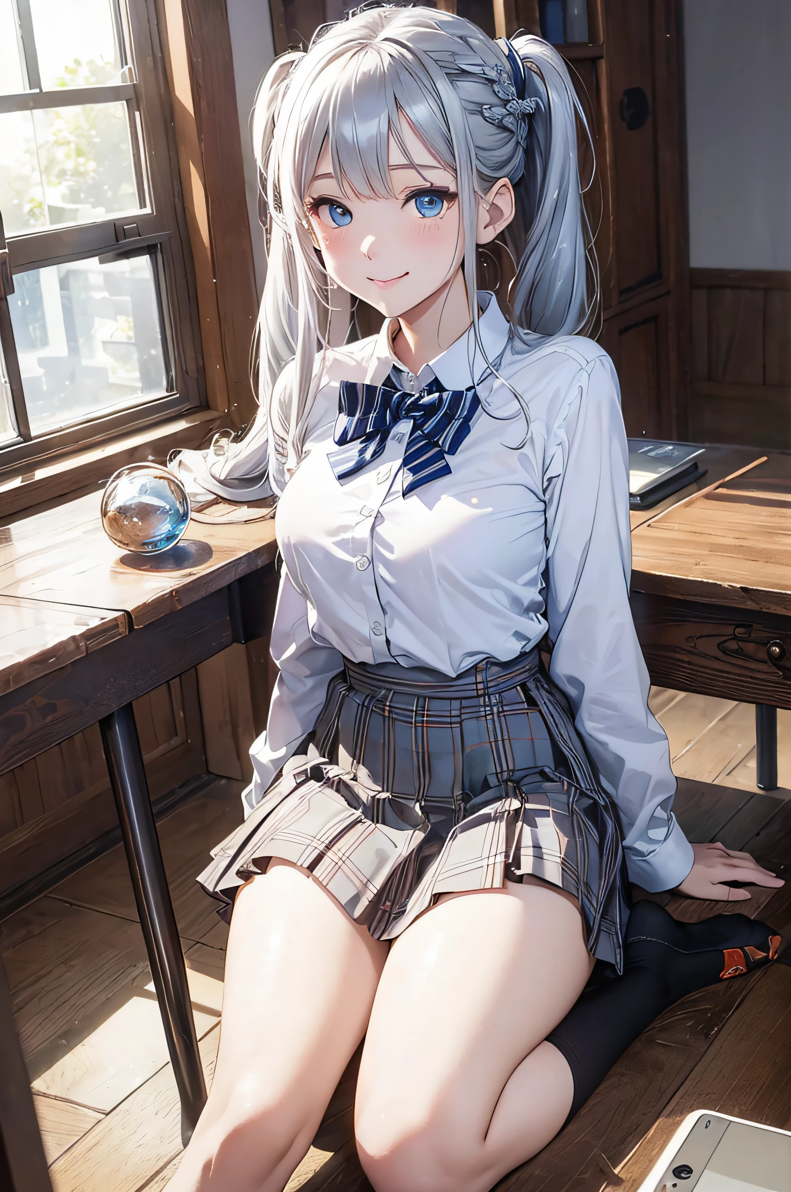 (Official art、Best Quality、Unity 8k Wallpapers、32K、masterpiece、ultra-detailliert、超A high resolution、realisitic、Photorealsitic:1.2)、(Cinematic lighting:1.2)、(Full body)、Realistic pupils、Sharp pupils、foco nítido、in a house、Inside the classroom、(Self-filling appearance:1.2)、I opened my mouth a little、A smile、(braided ponytails、Silvery beautiful hair、Ice blue eyes)、thighs thighs thighs thighs、blazers、white shirt、a bow tie、plaid skirts、high socks