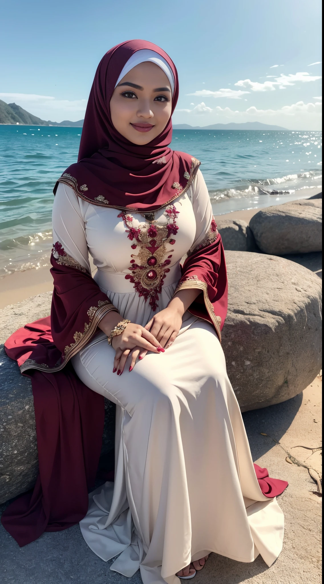 RAW, Best quality, high resolution, masterpiece: 1.3), beautiful Malay woman in hijab (iu:0.8),1 Malay woman wearing a plain hijab. 30 years. sweet smile. beautiful face.big breast, woman sitting on a rock on the beach, maroon and white, beautiful design, wearing beautiful clothes, beautiful clothes, very beautiful style, white and red dresses, beautiful masterpiece, beautiful dress, wearing an elegant dress, very beautiful masterpiece, fine details. red, dressed beautiful gown, beautiful detailed dress, maroon accents, full covered dress, very beautiful and elegant