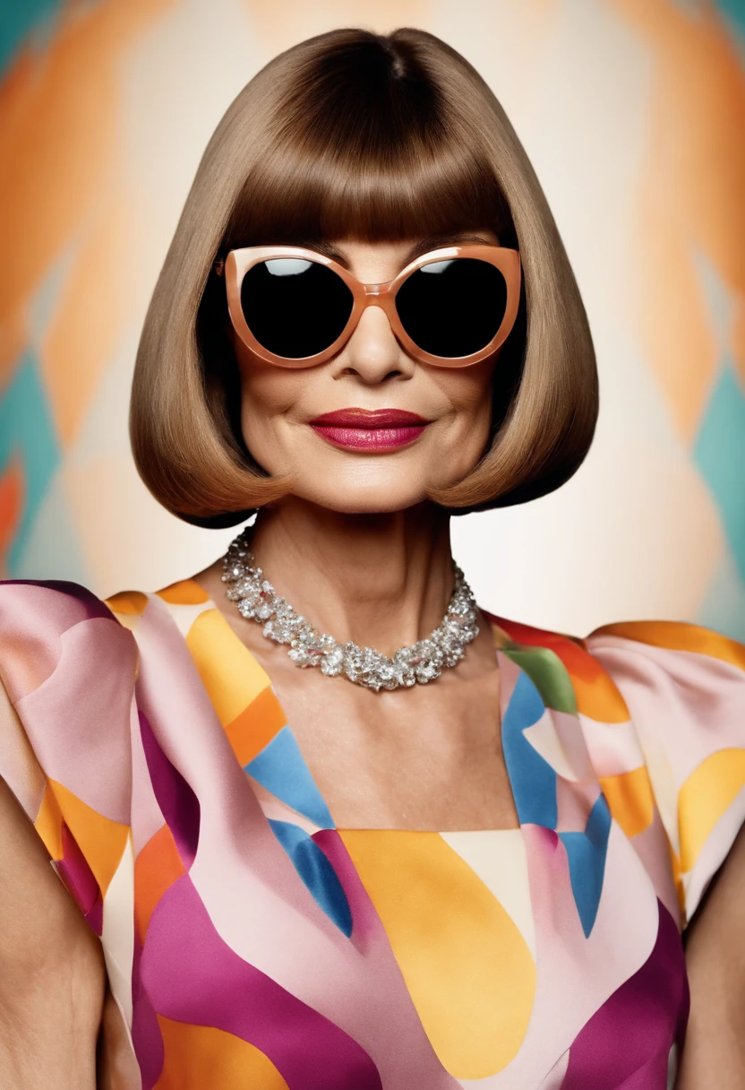 A shot of a glamorous cocktail with a unique and colorful garnish,original,Anna Wintour, the influential editor-in-chief of Vogue magazine, is renowned for her distinctive and polished appearance. She is often seen with a sharp, sleek bob haircut and oversized dark sunglasses, which have become her trademark look. Her fashion style is impeccable and sophisticated, usually featuring designer outfits that are both elegant and assertive.