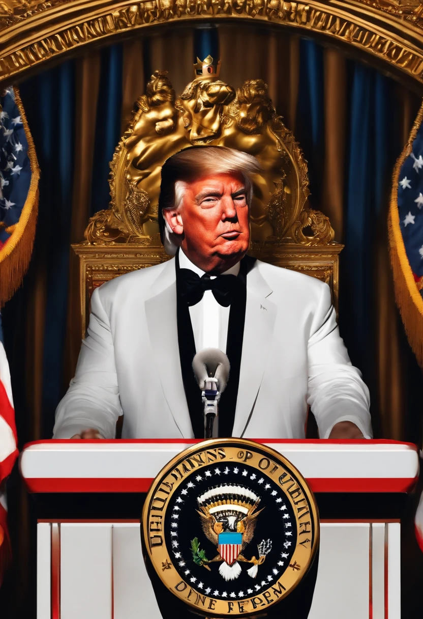 A photo of the user giving a speech from a podium with a microphone,original,Donald Trump is looking crazy good, handsome ass bro, always in a black car. Has drip. Diamond chains. Gold crown.