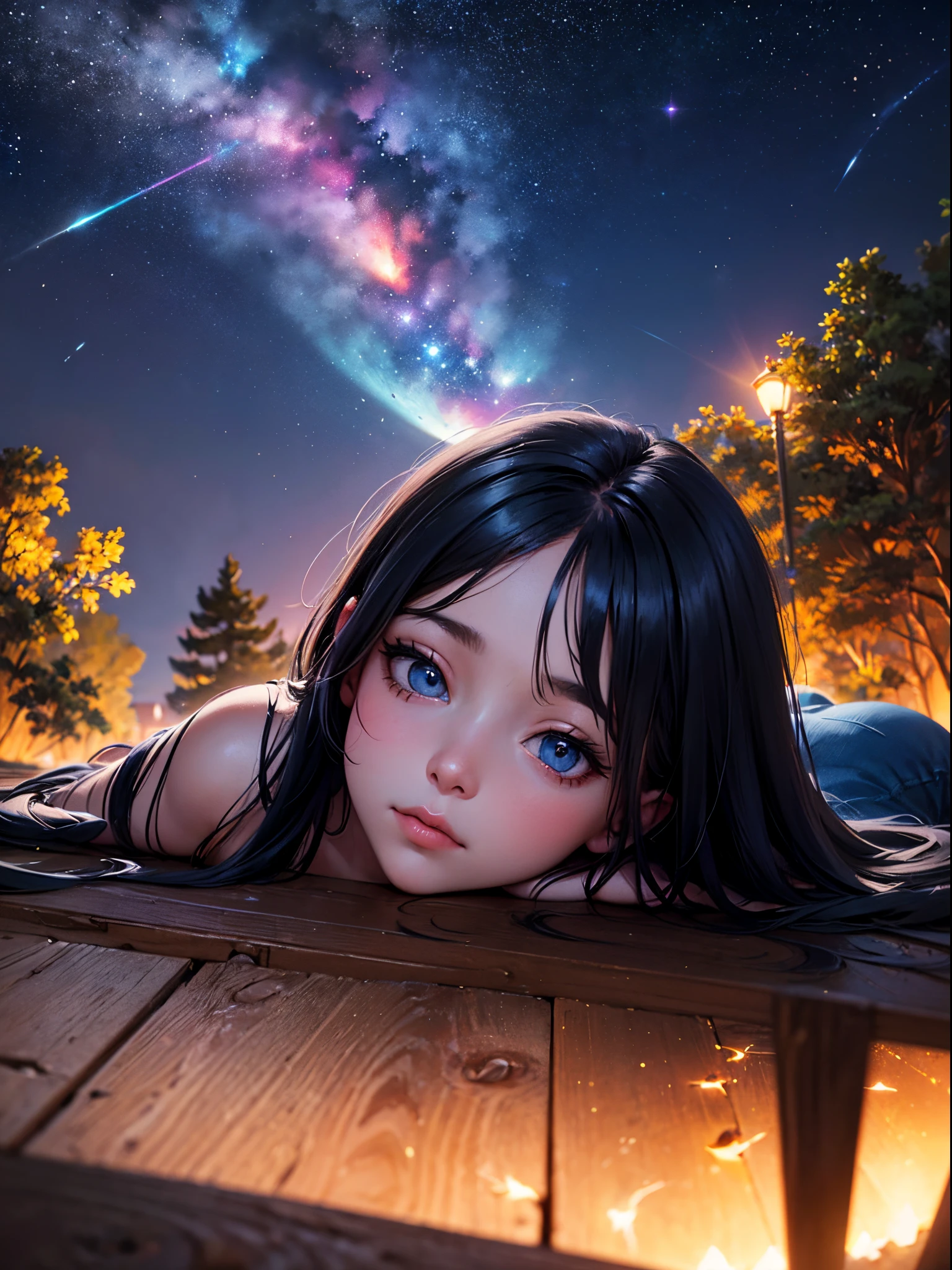 high quality, Photo realistic: 1.3, high definition,(best quality),Detailed texture,dynamic, A girl is in 

The deep blue bed,With cute doting eyes,Looking at the viewer，
 [ (one arm extended (towards the viewer), hand raised (towards the viewer), Index finger pointing towards the viewer(slightly bent when pressed),Index finger placement (logically divide the graph into nine regions, with the index finger located in the middle region)]  
Secondary (slim body shape, smaller chest circumference，A graceful figure), textured skin, and super details,
Main - Return to view check( (one arm extended (towards the viewer), hand raised (towards the viewer), 
Index finger pointing towards the viewer(slightly bent when pressed),(logically divide the graph into nine regions, with the index finger located in the middle region)),
Main - Check for logical errors and make modifications (number of limbs, length of limbs, size ratio of hands and feet, number of fingers, overlap of fingers, etc.),
Stars and moon in the background,  anime vibes, Os amigos,   Long hair, vocaloid， high-resolution, super details,