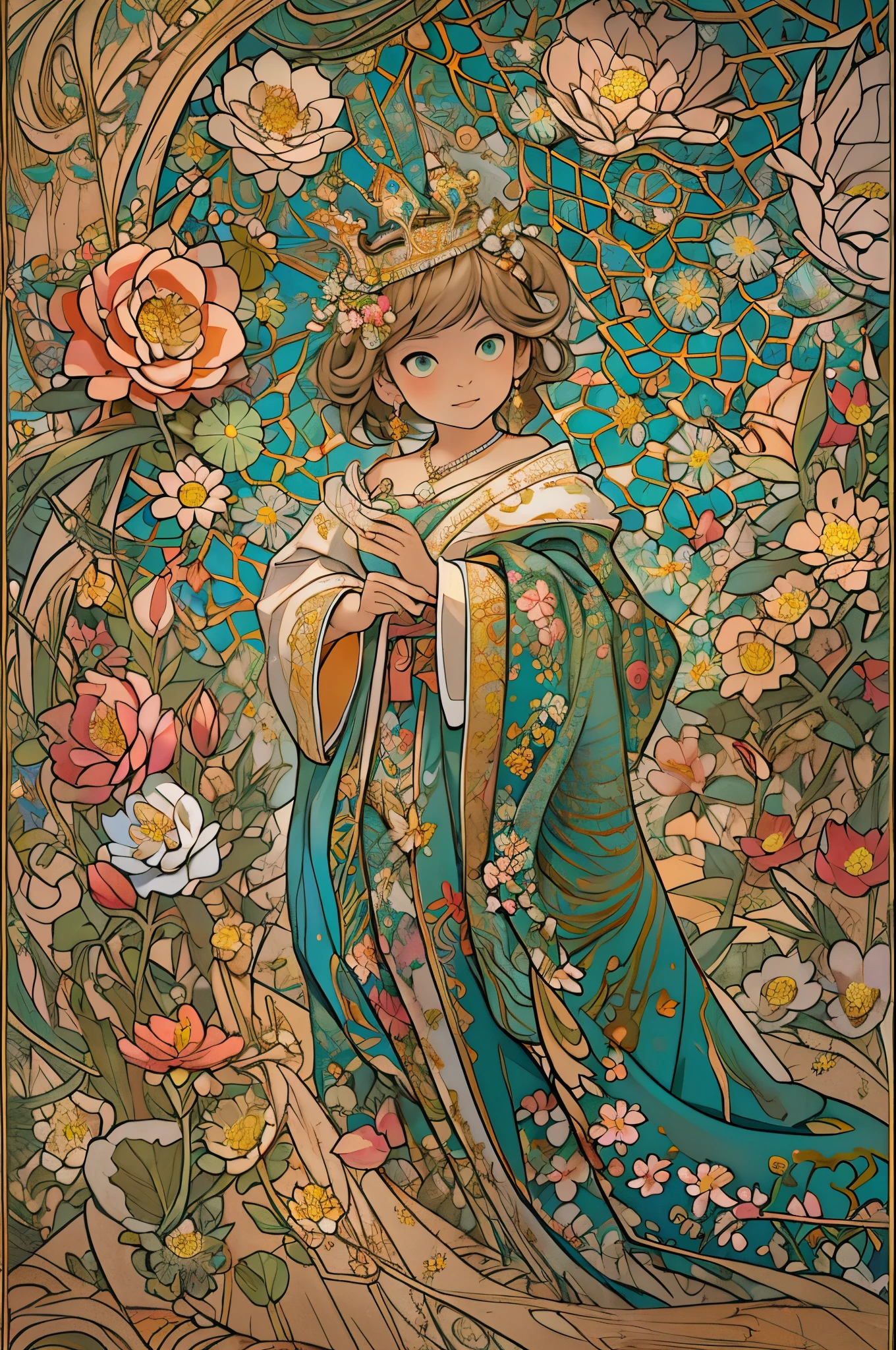 paint a decorative painting，little prince wearing crown，3  boy，Childish face，Bright and harmonious colors，（Decorative painting：1.6），dressed in：Exquisite and noble robe，Elaborate Eyes，delicated face，Large breasts, Large breasts，elaborate earrings，simple backgound，Lots of flowers around，flowers blooming，A sea of flowers，（tangled，datura，Tangles，entangled）， (s fractal art: 1.3)，simple backgound，Upper part of the body，