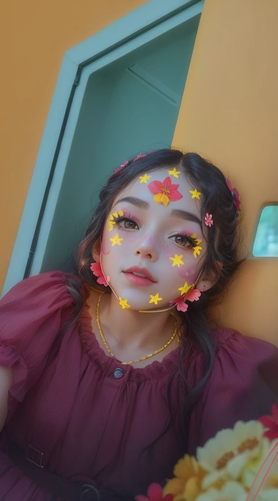 there is a woman with a face painted with yellow stars, red glowing skin, flower face, flowers on heir cheeks, girl with a flower face, markings on her face, glowing pink face, flowery, face is brightly lit, frontal picture, flower mask, facemask made of flowers, aesthetic face, glowing face, face and skin is dark red, with accurate face