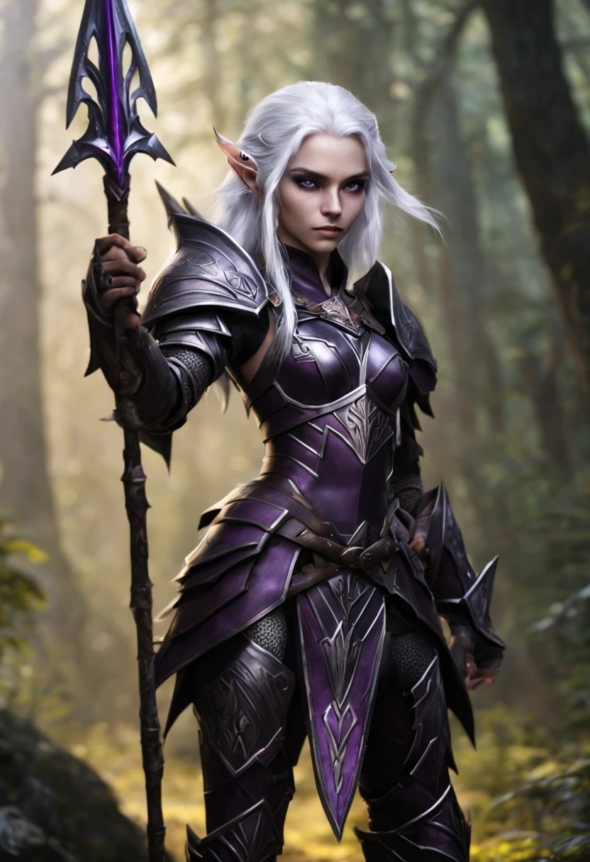 An Elf female with white hair, purple eyes, wearing black full armor, full body pose, holding a spear in both hands
