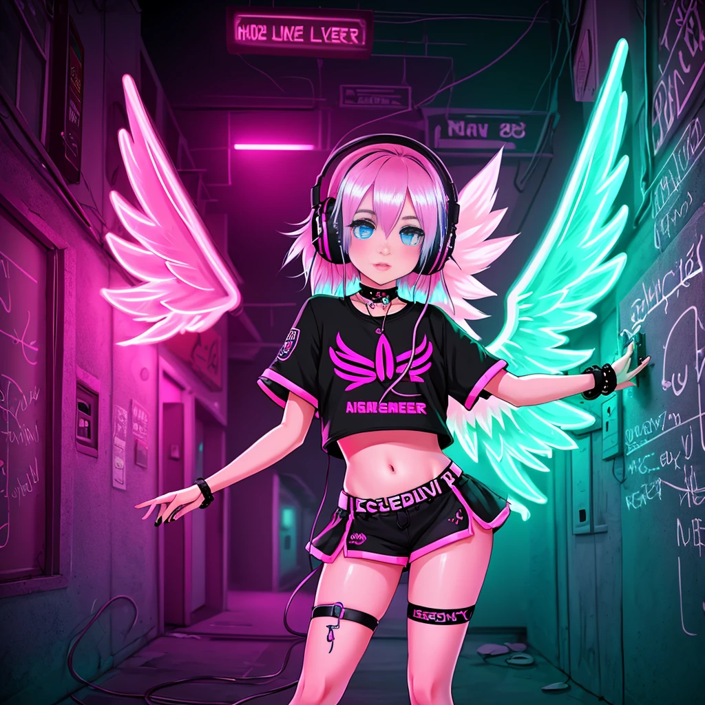a robotic angel (Based on a lovely woman, sheer white airy gown, obvious mechanical sections and joints, neon high lights and indicator lights, angel wings with rainbow colored feathers) is posing on a futuristic stage, the phone number to order her is printed along the bottom f the screen (show her from head to toe, show her entire body, show all of her)