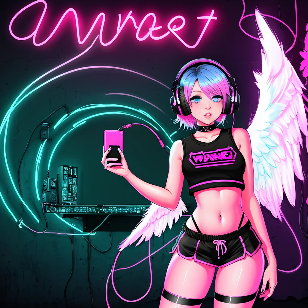 pink gamer digital art  girl standing in cute pose. black background with neon graffiti. wearing croptop with V name and short skirtt with neon pink and black color. wearing headphone with angel wing. blue eyes and pink hair.