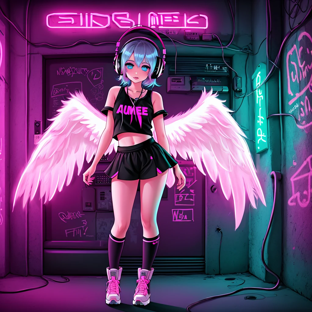 pink gamer digital art girl standing in cute pose. black background with neon graffiti. wearing croptop with V name and short skirtt with neon pink and black color. wearing headphone with angel wing. blue eyes and pink hair.