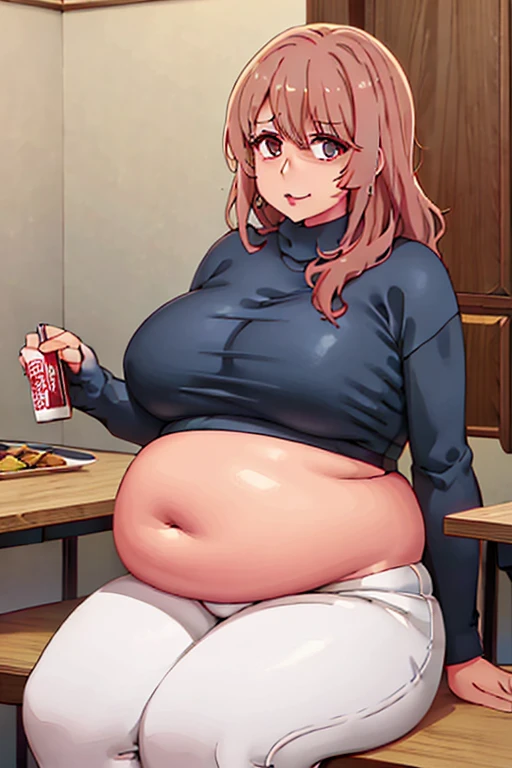 miyako Saitou, very fat, safe for work, fat, large belly, standing, grabbing belly, very fat, large stomach, chubby (best quality, masterpiece), Christmas, wearing sweater, eating, sitting down, table full of food, cookies, eating cookies, very fat, Christmas season