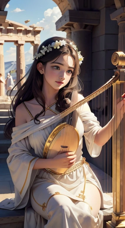 (top-quality、hight resolution、masterpiece)、((Watercolor in Sargent style))、(David Hamilton Style)、(softfocus)、ancient greek scene 、The world of Bilitis songs、(greek female bard)、20yr old、美丽的面容、Well-formed eyes and nose、Bewitching smile、Detailed depiction of the face、Classic hairstyles、dramatic pose、Beautiful figure、detail portrayal、(ancient greek clothes)、(White tunic)、greek toga、(play the harp and sing)、Accurate depiction of the Greek lyre、Cinematic scenes、ciinematic light、softlight、raytrace、luminous sky、greek architecture columns、greek pine、(nostalgia)、classic vibes、Blur the background、