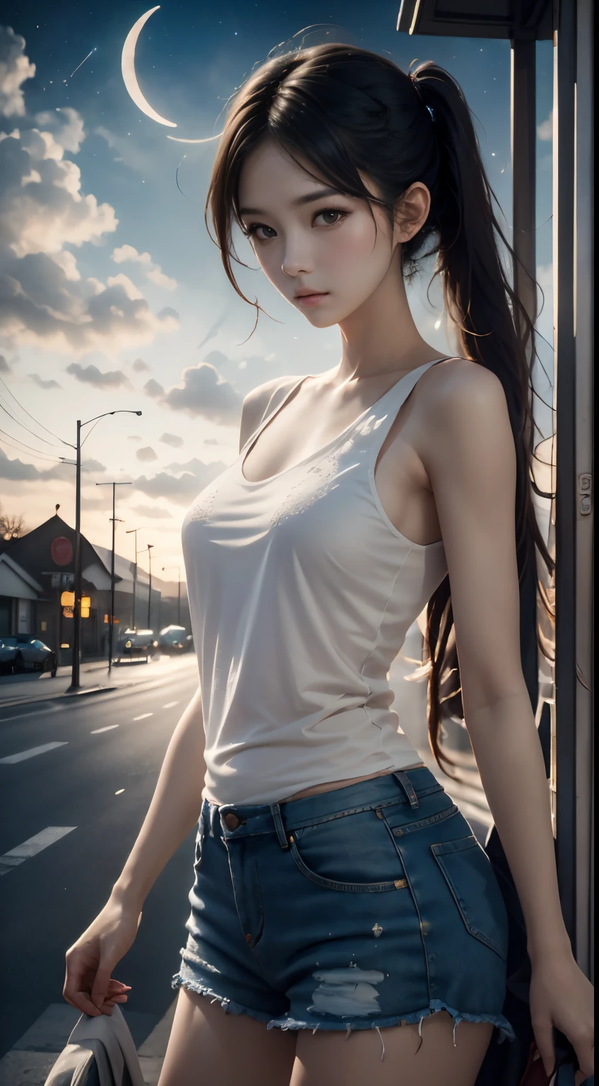 Beautiful short pony tailed girl waiting at the bus stop，Behind him is a graceful crescent moon，The sky is dotted with bright stars。The picture has high-quality visual effects，Specifically include：Highest quality finesse and grinding results，Ultra-high sharpness（4k, 8k），Professional painting effect，Realistic composition and detailed description，Vivid and rich colors，Realistic photo-like texture，Realistic light and shadow effects，Magnificent scenes and pleasant light tones。Authentic photography、Delicate painting style、Dreamlike scenes etc.。