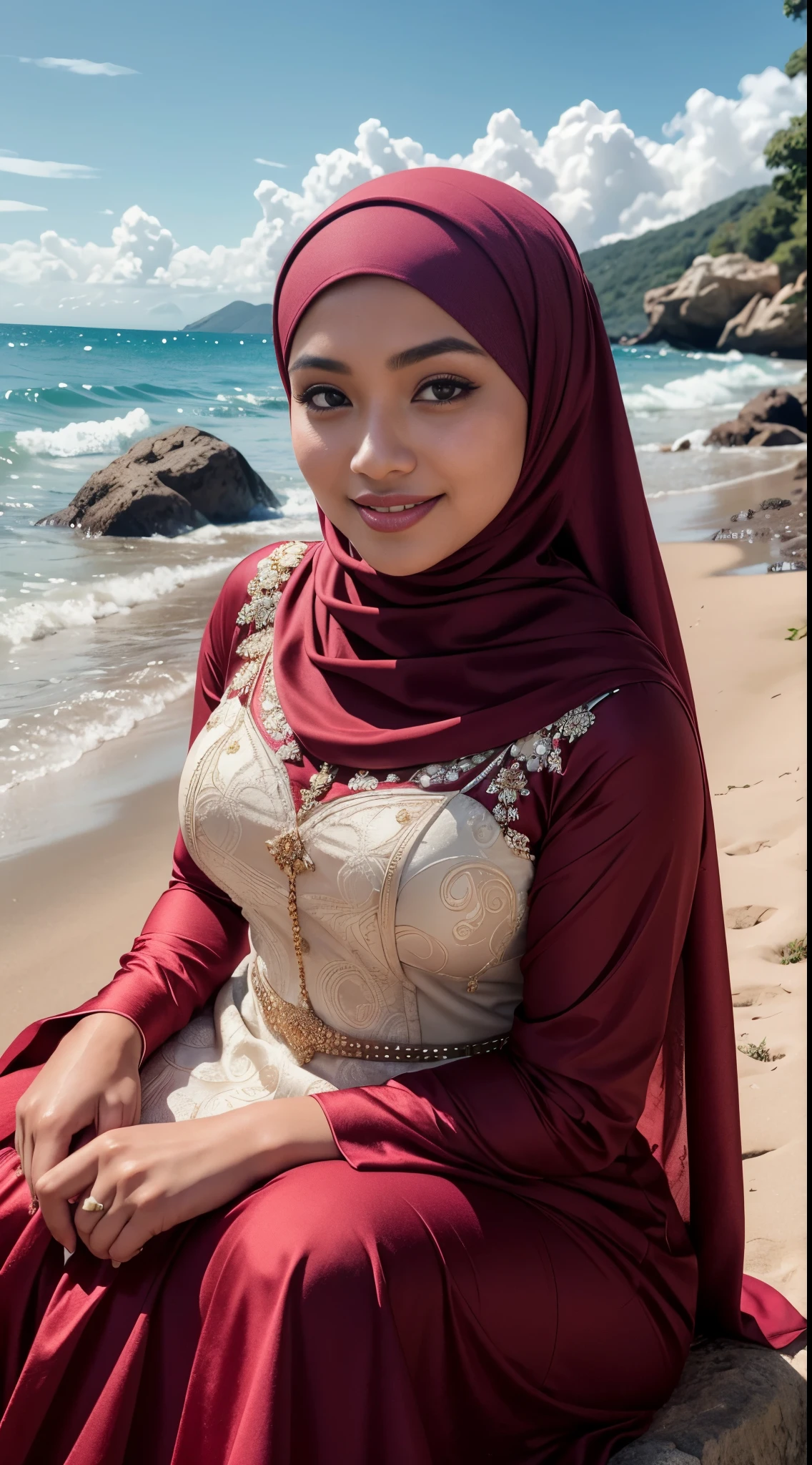 Best quality, high resolution, Masterpiece: 1.3), Beautiful Malay woman in hijab, Masterpiece, hourglass figure body, ((Big breasts)), Beautiful big eyes, watery eyes, tempting smile, wet lips, ((wearing fitted long dress)), (long legging), smiling, windy, skin details, skin texturboobs