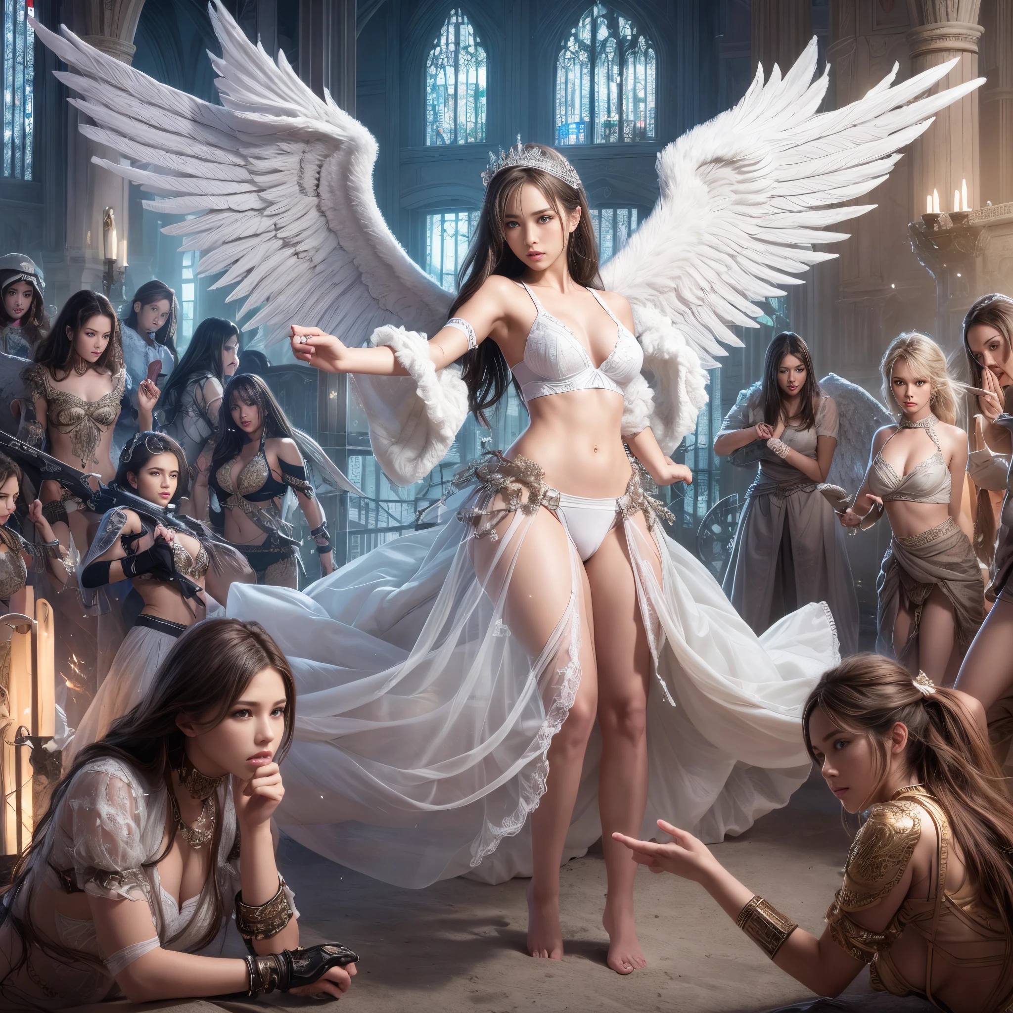 (Raw photo:1.2), (Photorealistic), Beautiful detailed girl, Very detailed eyes and face, Beautiful detailed eyes, Huge file size, High resolution, Very detailed, Best Quality, [masutepiece:1.6], Illustration, Very detailed, Fine detail, Best Quality, 8K Wallpaper, Movie Lighting,  female angel in underwear surrounded by enemies, No top, Show off your angel underwear, angel style white underwear, You can see a bra with white frills, You can see the white frilly pants., serious facial expression, hightquality, intense combat,Pinch look , Deities々A Sight, female angel surrounded by enemies