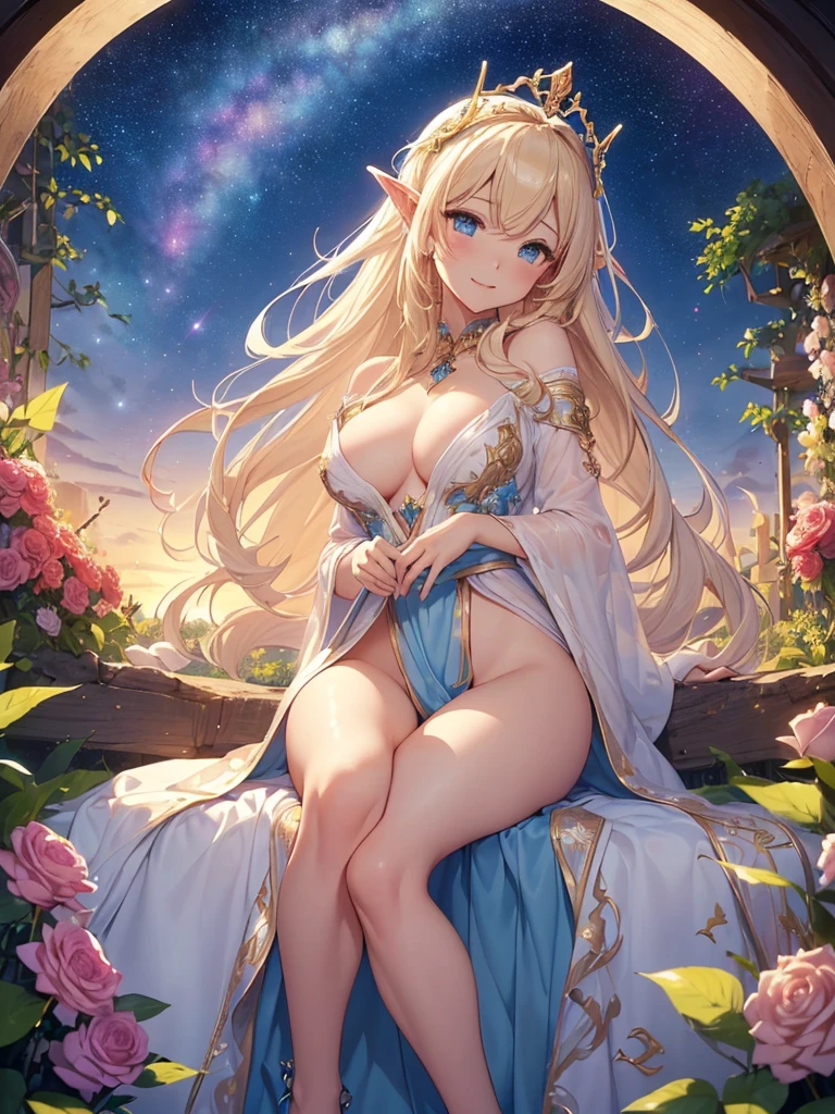 top-quality、Top image quality、​masterpiece、Full body naked girl((24 year old、Best Bust、big bast、Bust 90,Beautiful blue eyes、,Blonde long hair、A slender、a closeup、Esbian、beautiful tiara、hiquality、Beautiful Art、Background with((starrysky)))masutepiece、visualart、depth of fields、sky at night、low angles、、Elven ears、、light magic、kosmos、mid night、harp melody🎵、Happy smile、Gentle light、、Beautiful skins、beutiful breast、beautiful foot、welcome、、accurate fingers、Exact finger count、nffsw,NSFW,Completely naked、I'm not wearing underwear、、A sexy、Mystical　　erotick　orgasmic、ssex、　gasp、Sleeping in a flower garden、flower  field、roses