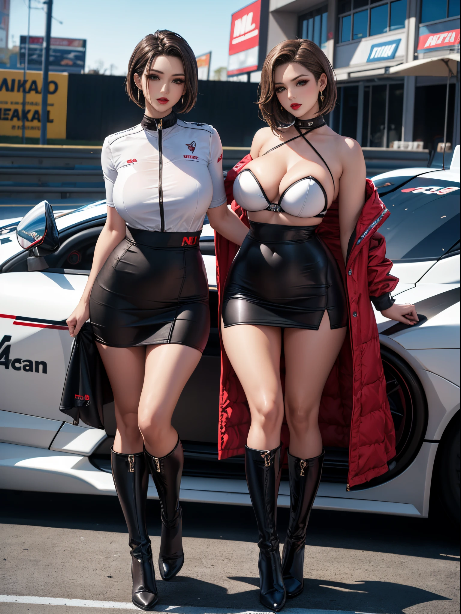 (Brown slicked back middle short hair)、Two females、Ultra realistic 8K, flawless,tall,(Red Lip,Heavy makeup), Earring、small breast、Standing with formula car 、Nikon Z 85mm, ((Best Quality)) ,((masterpiece)), intricate detailes,Extremely delicate and beautiful, ((Sexy Race Queen,Ultra mini skirt)):1.4、(Strapless blue long boots with high pin heel):1.2、Full body shot:1.0、Sexy look、NSFW:1.2