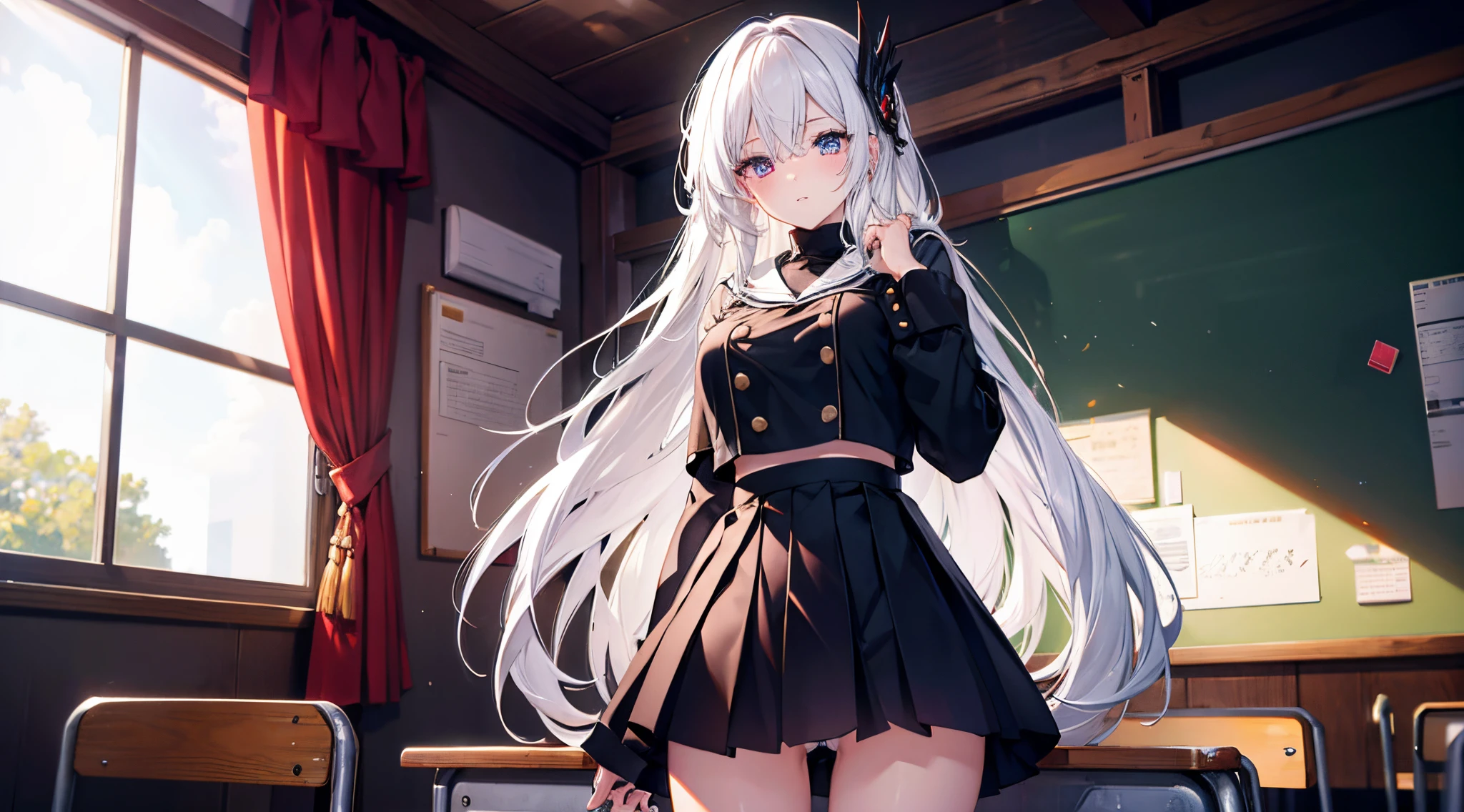 1 boy, white hair, long hair, hair blow, red eyes, Black mask, school uniform, white underwear, black skirt, showing under wear, showing panty, very cute, BREAK looking at viewer, BREAK indoors, classroom, BREAK (masterpiece:1.2), best quality, high resolution, unity 8k wallpaper, (illustration:0.8), (beautiful detailed eyes:1.6), extremely detailed face, perfect lighting, extremely detailed CG, (perfect hands, perfect anatomy),gigantic breasts