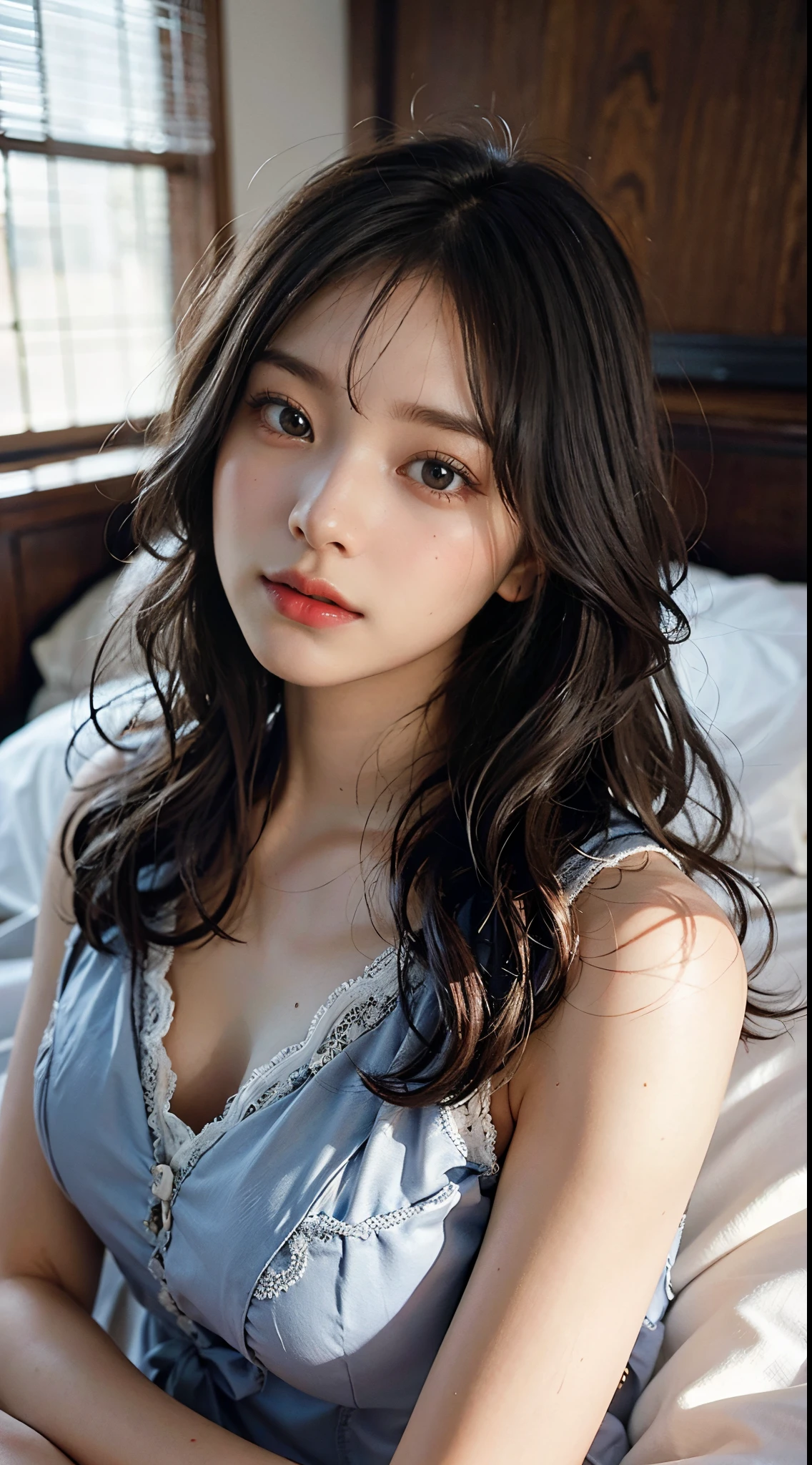 (best quality, masterpiece:1.2), 18yo girl, wearing lace nightgown, lying in bed, morning light, realistic face, perfect body, good anatomy, perfect face, curly long hair, black hair, photorealism, hyper-detailed, high quality, posing for photo, sexy