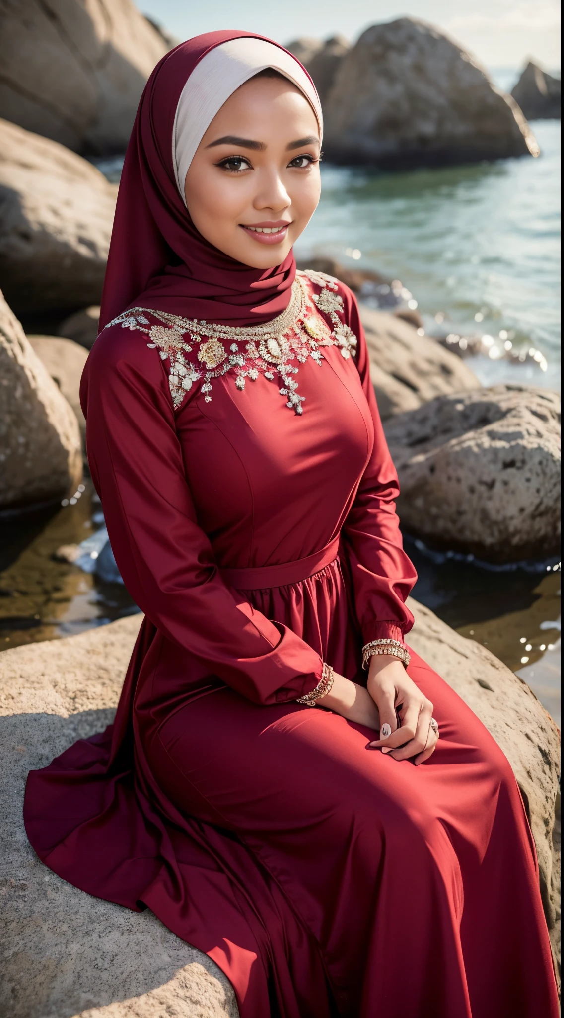 RAW, Best quality, high resolution, masterpiece: 1.3), beautiful Malay woman in hijab (iu:0.8),1 Malay woman wearing a plain hijab. 30 years. sweet smile. beautiful face.big breast, woman sitting on a rock on the beach, maroon and white, beautiful design, wearing beautiful clothes, beautiful clothes, very beautiful style, white and red dresses, beautiful masterpiece, beautiful dress, wearing an elegant dress, very beautiful masterpiece, fine details. red, dressed beautiful gown, beautiful detailed dress, maroon accents, full covered dress, very beautiful and elegant