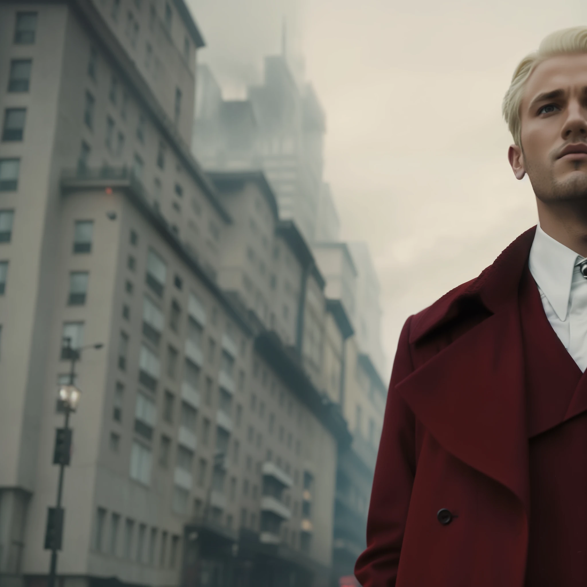 A man wearing a red coat and tie stands in a burning city., Similar to Malfoy, Inspired by Oscar Luthi, He wears a raincoat, Coat and suit, He's a killer in a peacoat., Still images from music videos, Blade Runner 2049 style, Blade Runner 2049 style, Draco