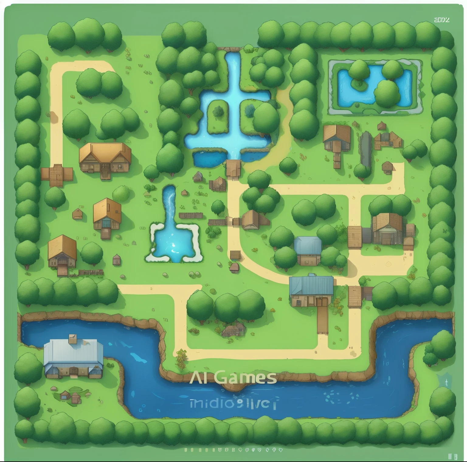 Map of a village with a river and a small pond, Isometric 2D Game Art, isometric drawing, an isometric fantasy map, Game map, detailed game art, isometric game art, isometric game asset, video game assets, 2d game art, 2D game art, video game assets, ultra detailed game art, video game assets