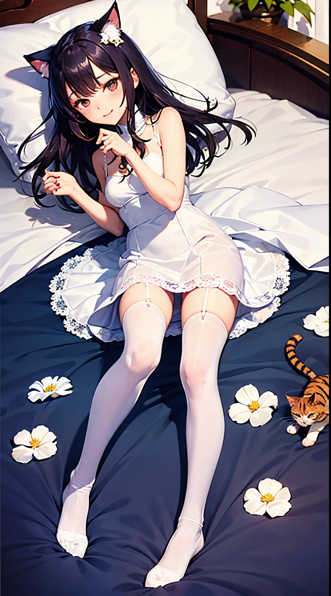 White dress。White flowers。Cat-eared lady。White stockings。Lie sideways on the bed。A shy expression。youqin