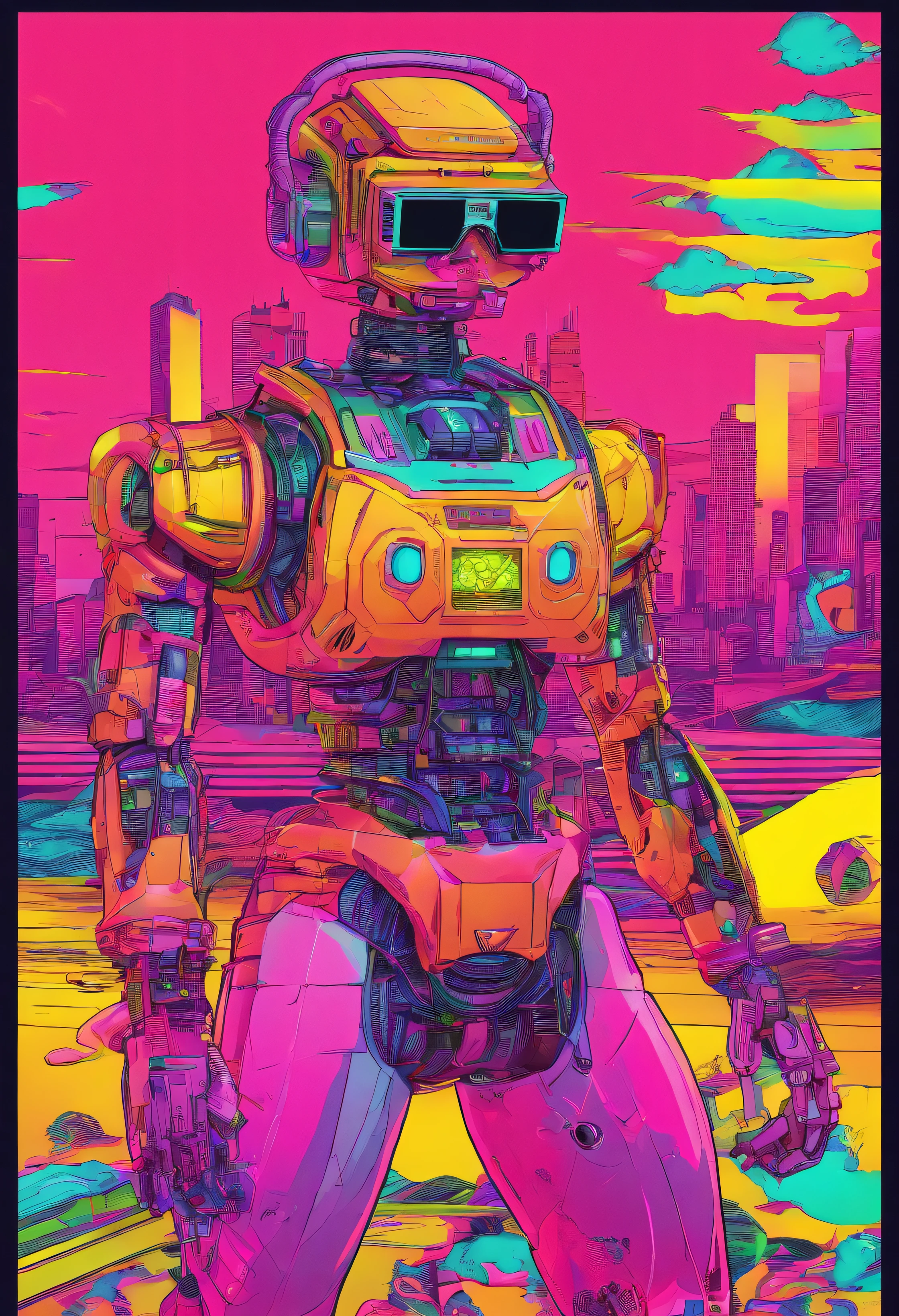 Manhwa Style,robot hawaiian party cute girls and robots ,Trendy clothing,wears dark glasses,plays the guitar,Madness,Fluttering musical symbols,ball room,lamplight,Spotlights,8K,super-fine,full bodyesbian,best qualtiy,独奏