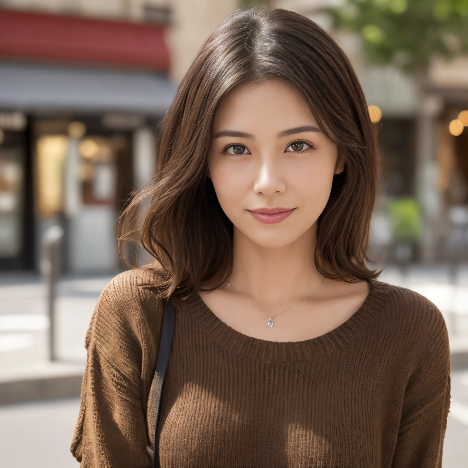 ((Downtown Paris、Realistic light、top-quality、8K、masterpiece:1.3))、1girl in、A slight smil、Slim Beauty:1.4、dark brown hair、Sweaters & Knitwear、Red bean-colored long skirt、Thin Silver Necklace、A detailed eye、zoomout、Beautiful Jewish woman、((facing front:1.3))、Thick lip、Wrinkles on the face、sunlights、verdant、Sheer sunlight、((40 years:1.5))、